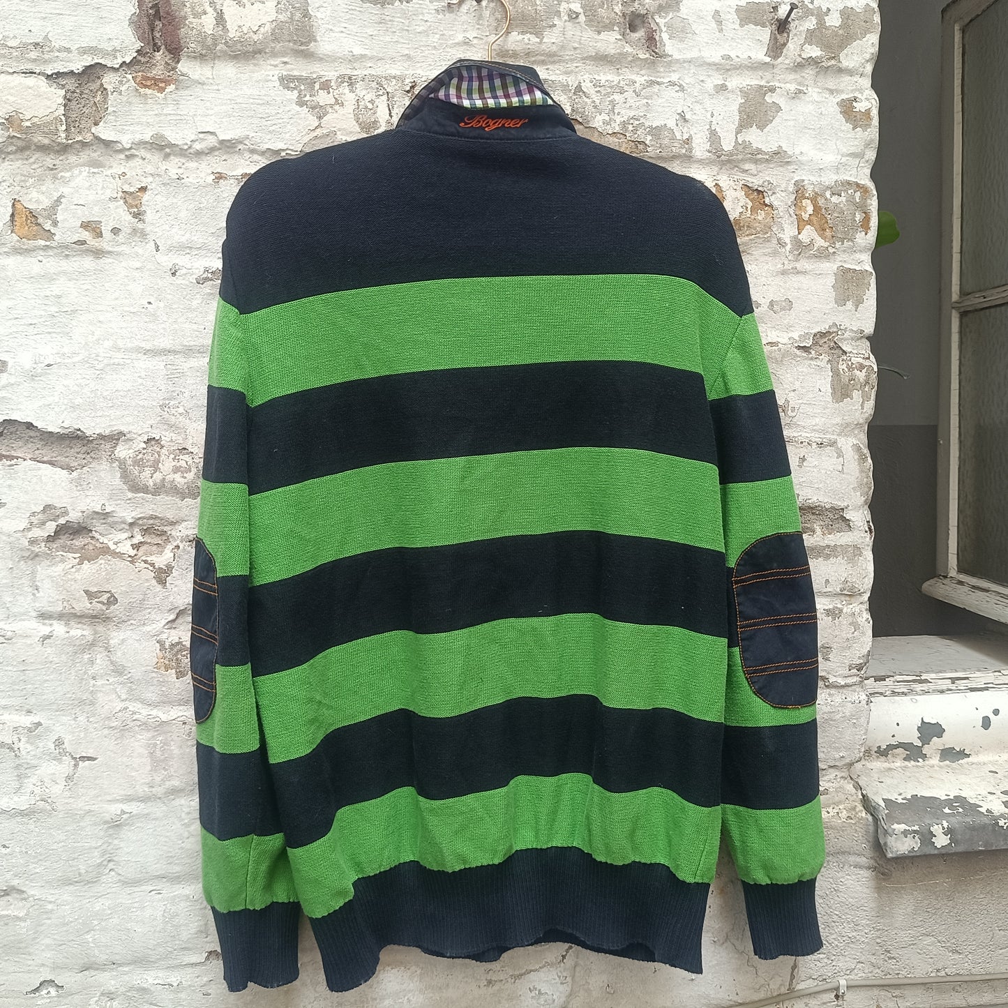 Vintage Bogner Stripe Jumper | Navy & Lime Green Cotton Knit | Fits M