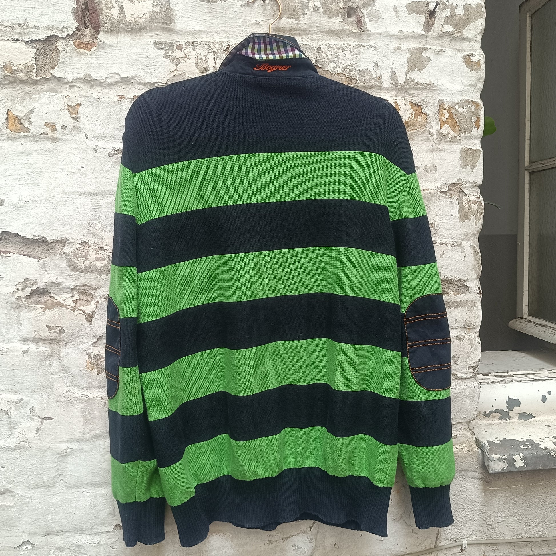 Vintage Bogner Stripe Jumper | Navy & Lime Green Cotton Knit | Fits M