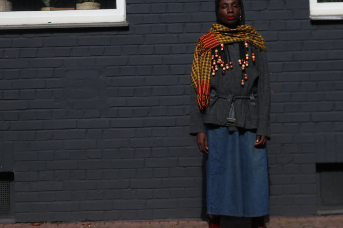 Vintage Plaid Scarf | 90s Yellow Fringe Wrap | Retro Unisex Stole