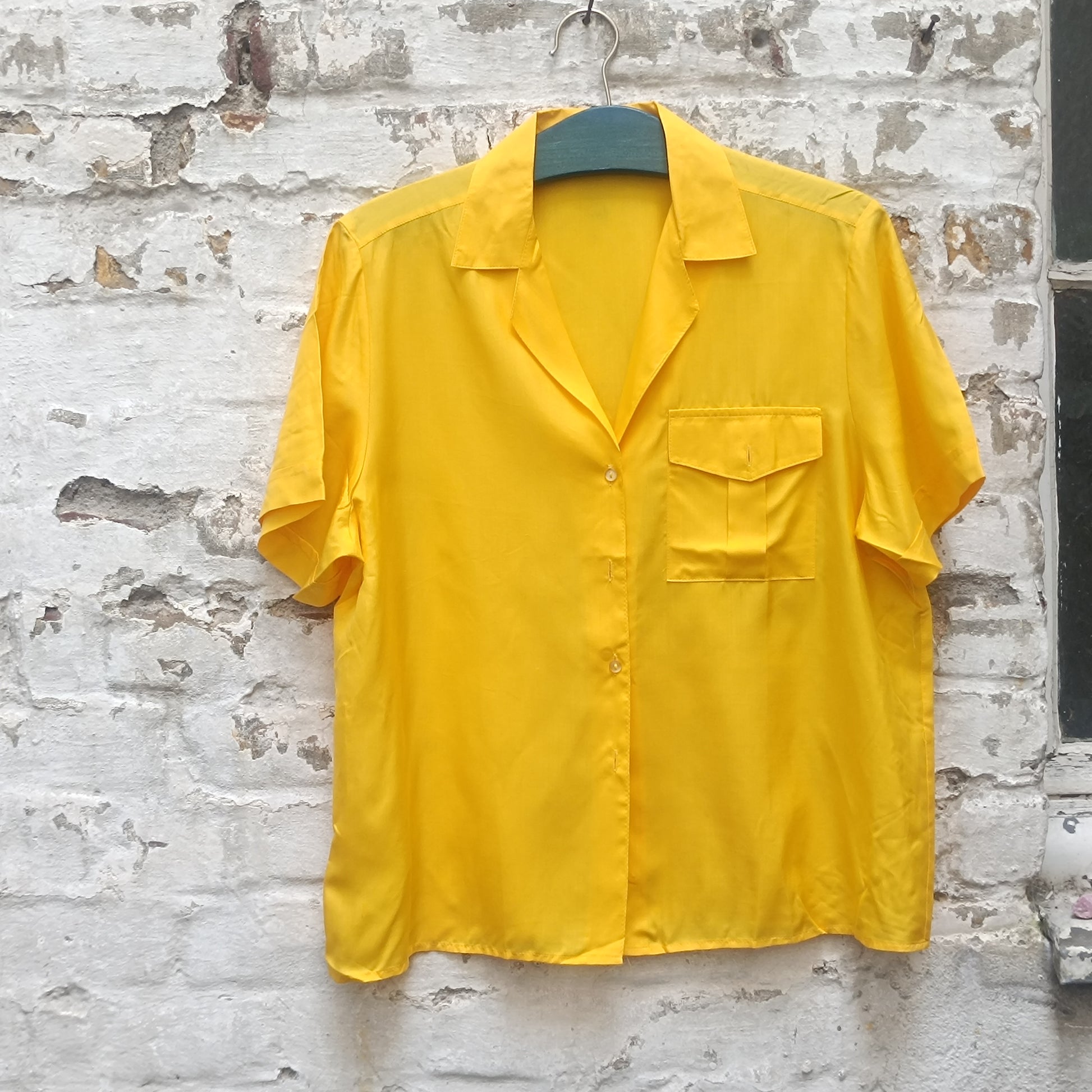 St Michael Vintage 80s Yellow Silk Blouse Shirt 1980s Pure Silk Short Sleeve 16