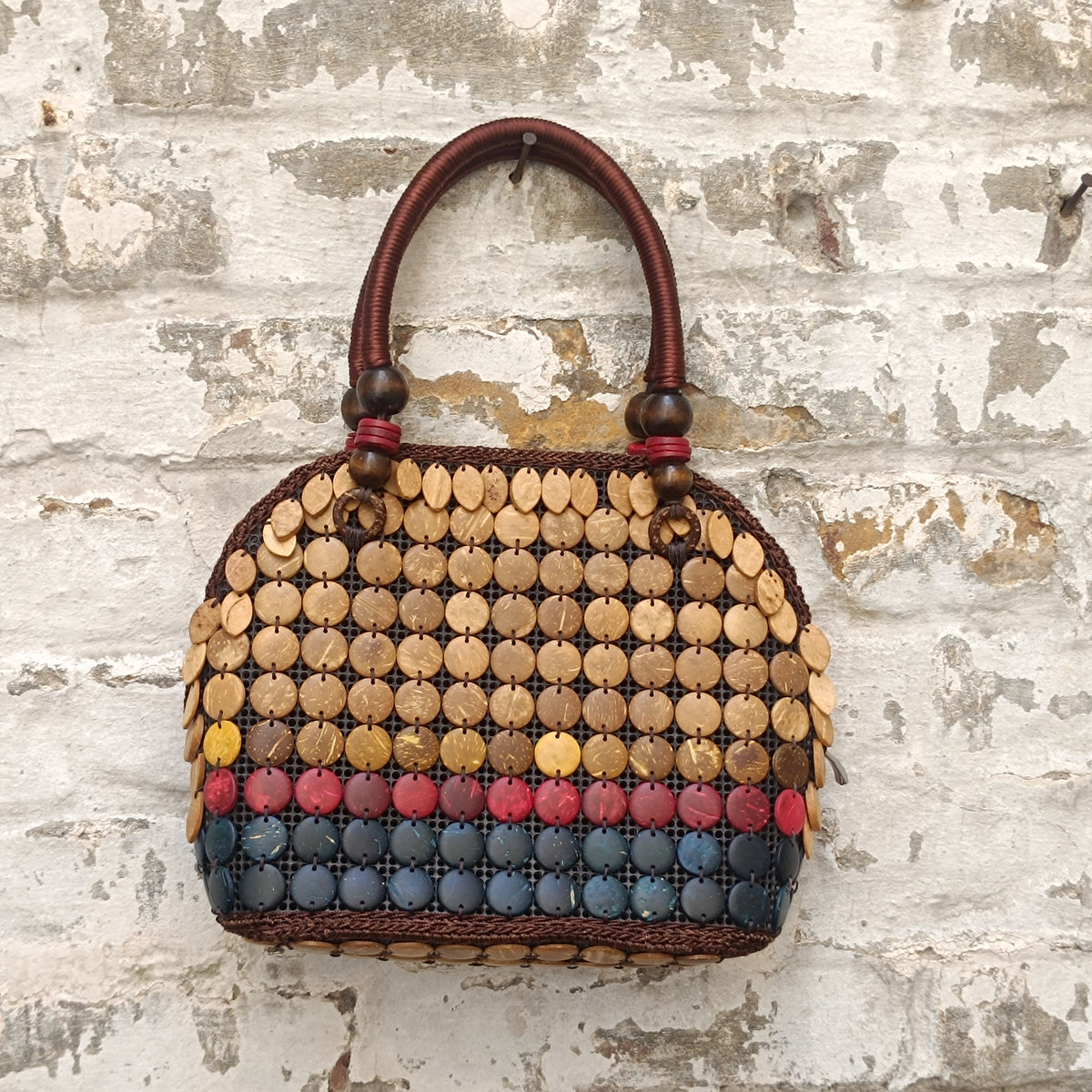 Coconut Shell Bag | Vintage 90s Boho Beaded Handbag | Natural Brown Red