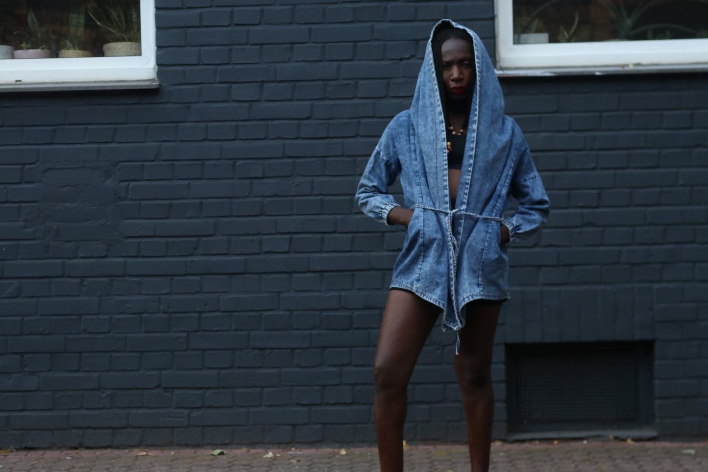 Vintage 80s Acid Wash Denim Jacket Hooded Wrap Coat Blue Jean Parka OshKosh S M