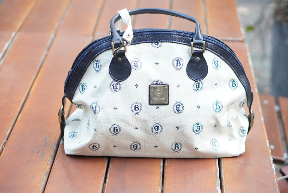 Vintage Michael Bocheim Monogram Boston Bag | 90s Chic Cream & Navy Handbag