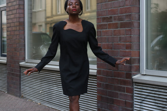 Madeleine Vintage 90s Dress Black Wavy Square Neck Asymmetric Avant Garde LBD M