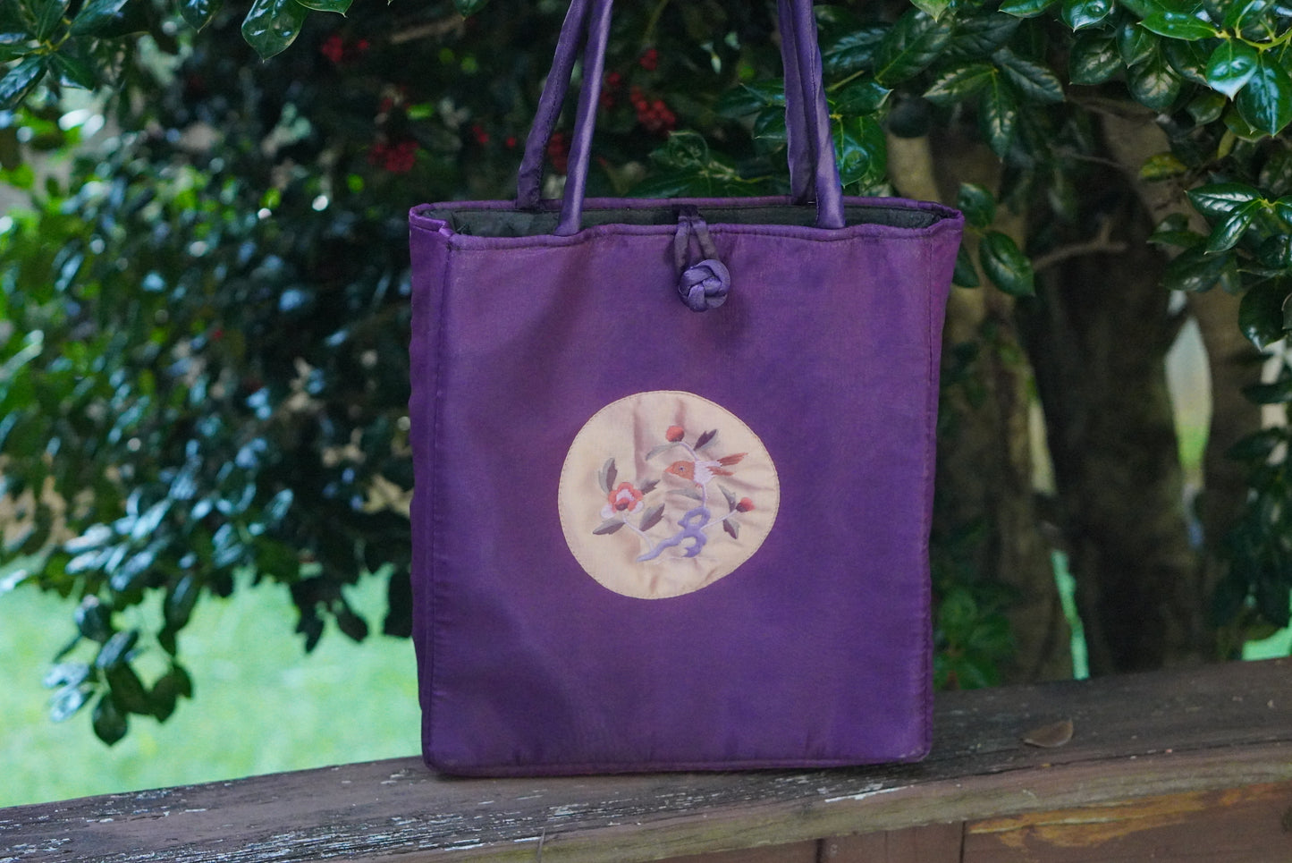Vintage 1990s Purple Silk Embroidered Tote Bag