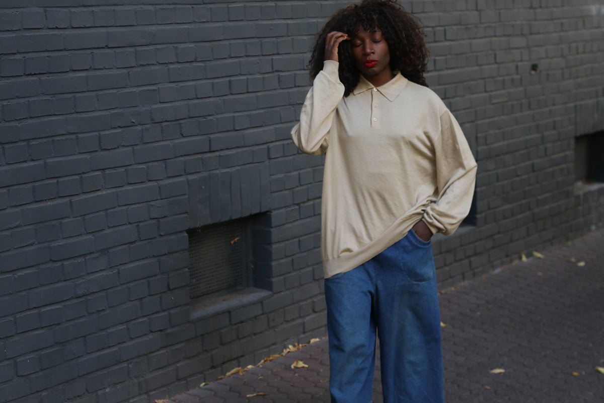 Vintage Beige Knit Polo Sweater | 90s Minimalist Wool Silk Cashmere | XL