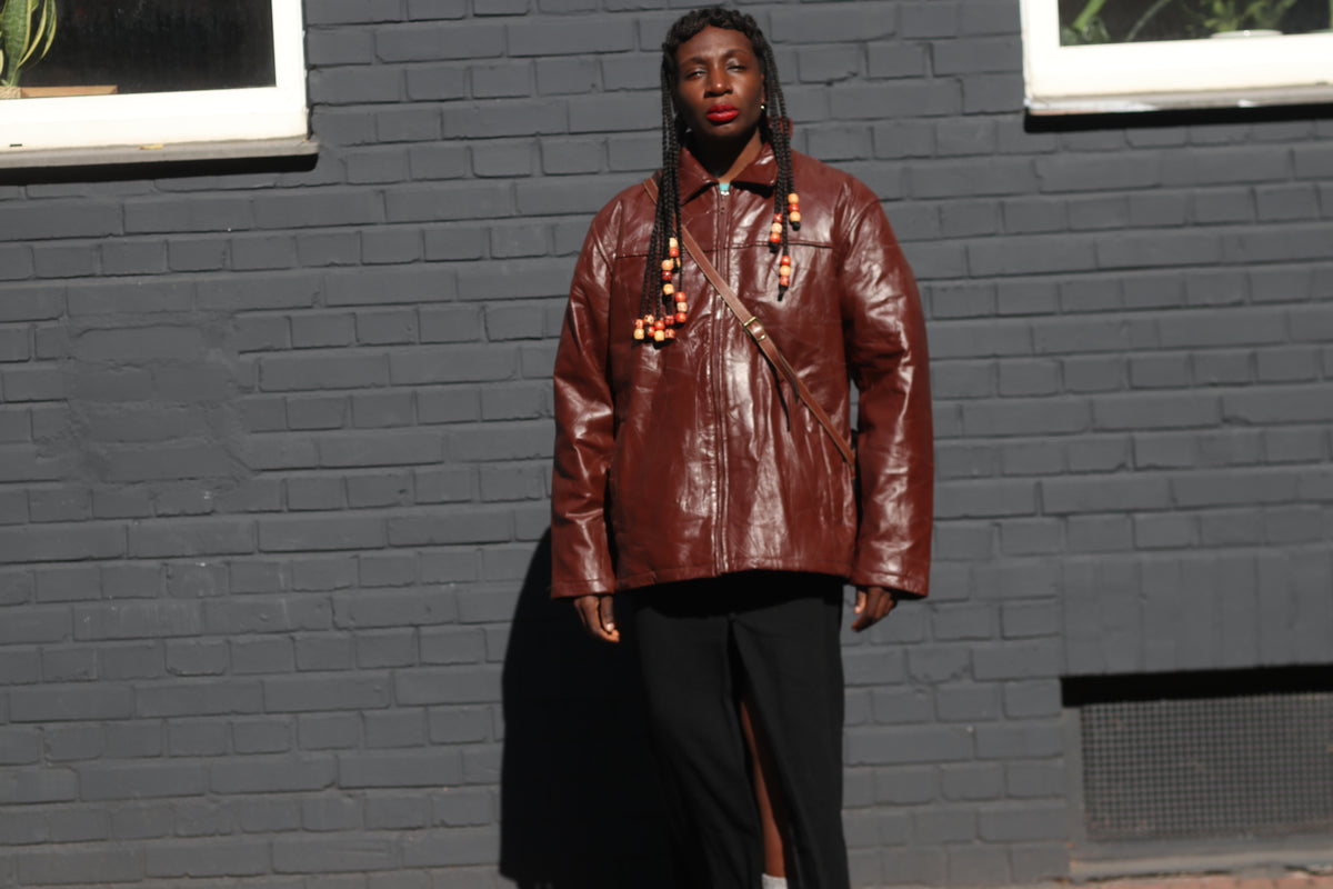 Vintage Brown Leather Jacket - 90s Minimalist Zip Coat - L