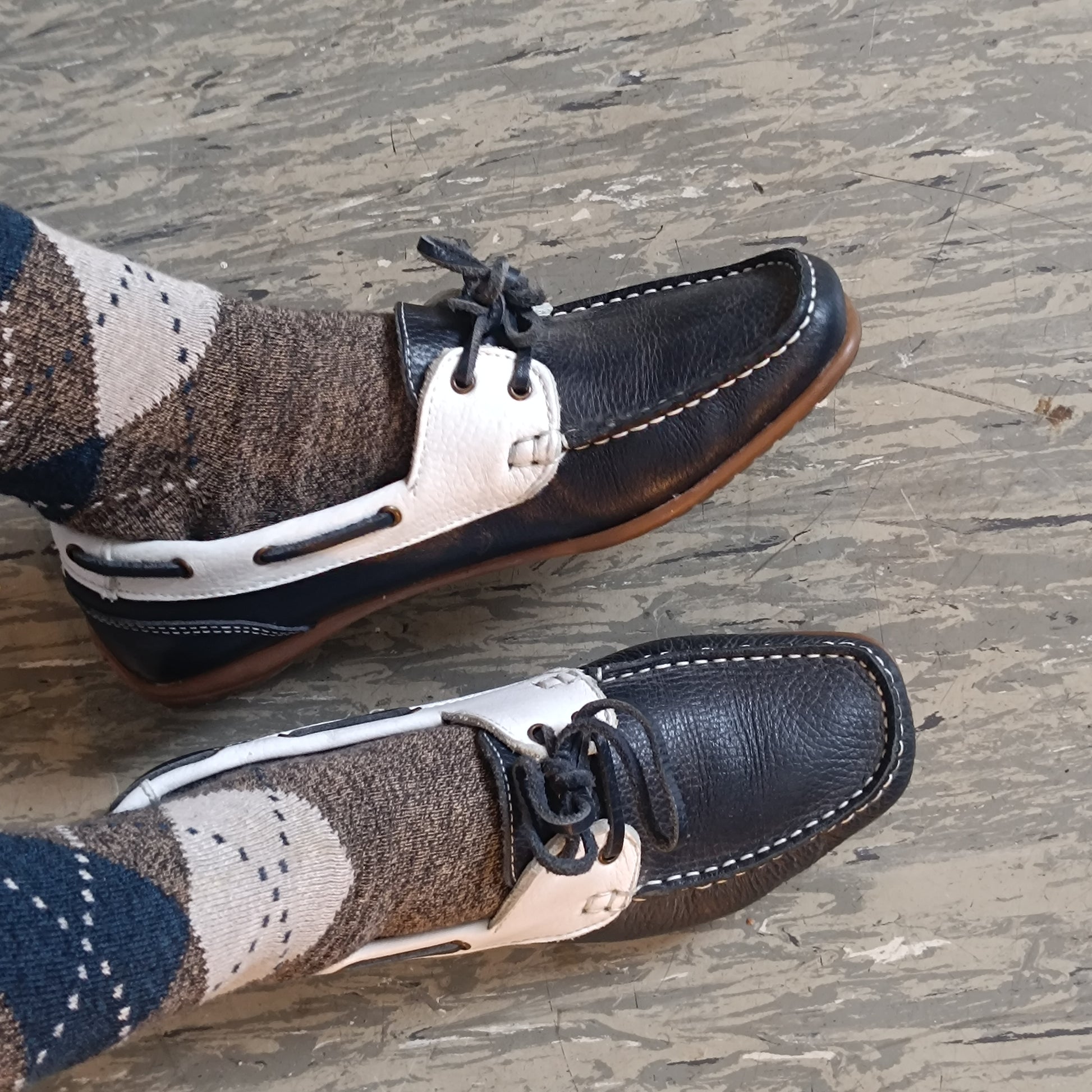 Vintage Boat Shoes | 90s Two Tone Leather Loafers Navy White EU 39