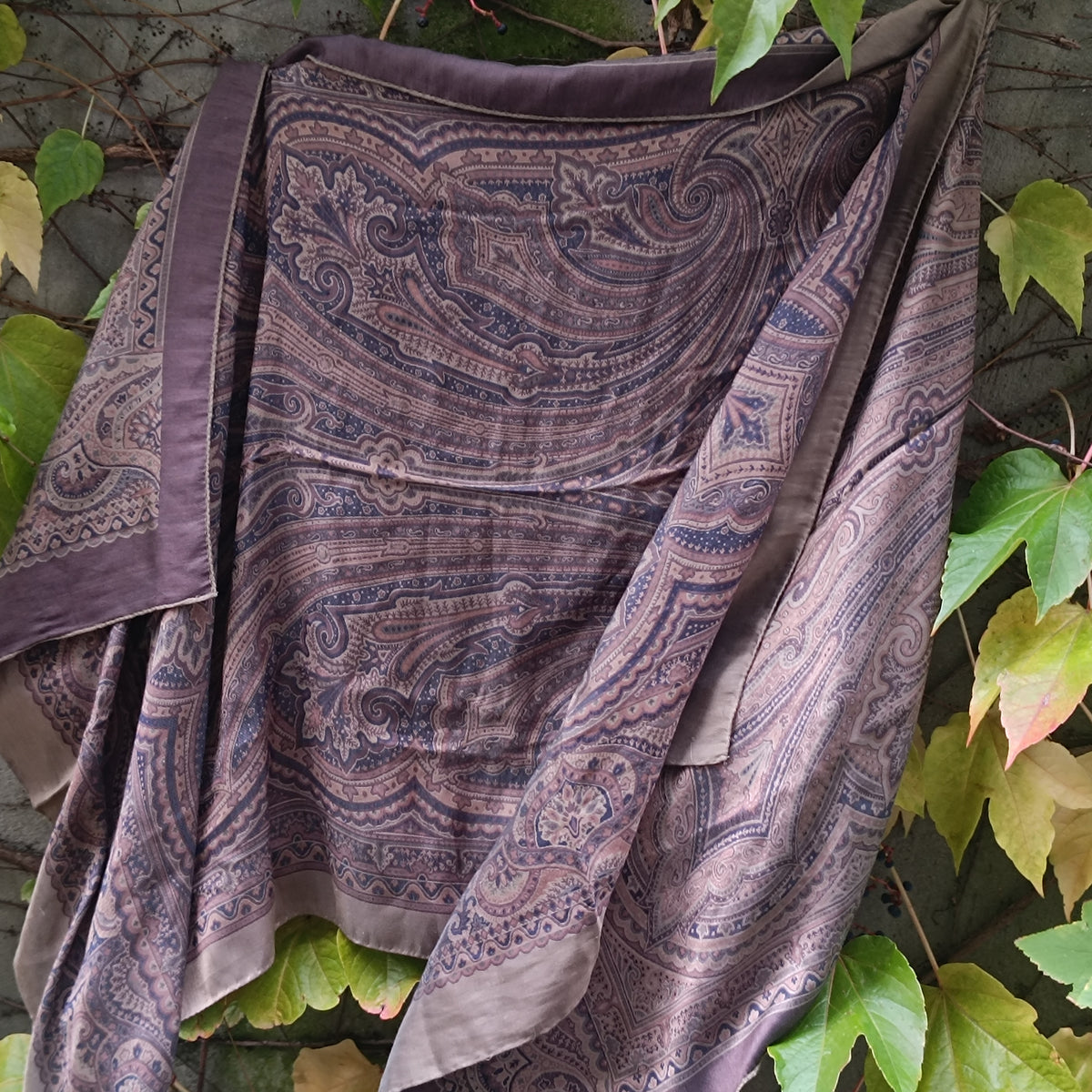 Vintage Paisley Silk Scarf | Bohemian Boho Square Neck Scarf | Brown Purple