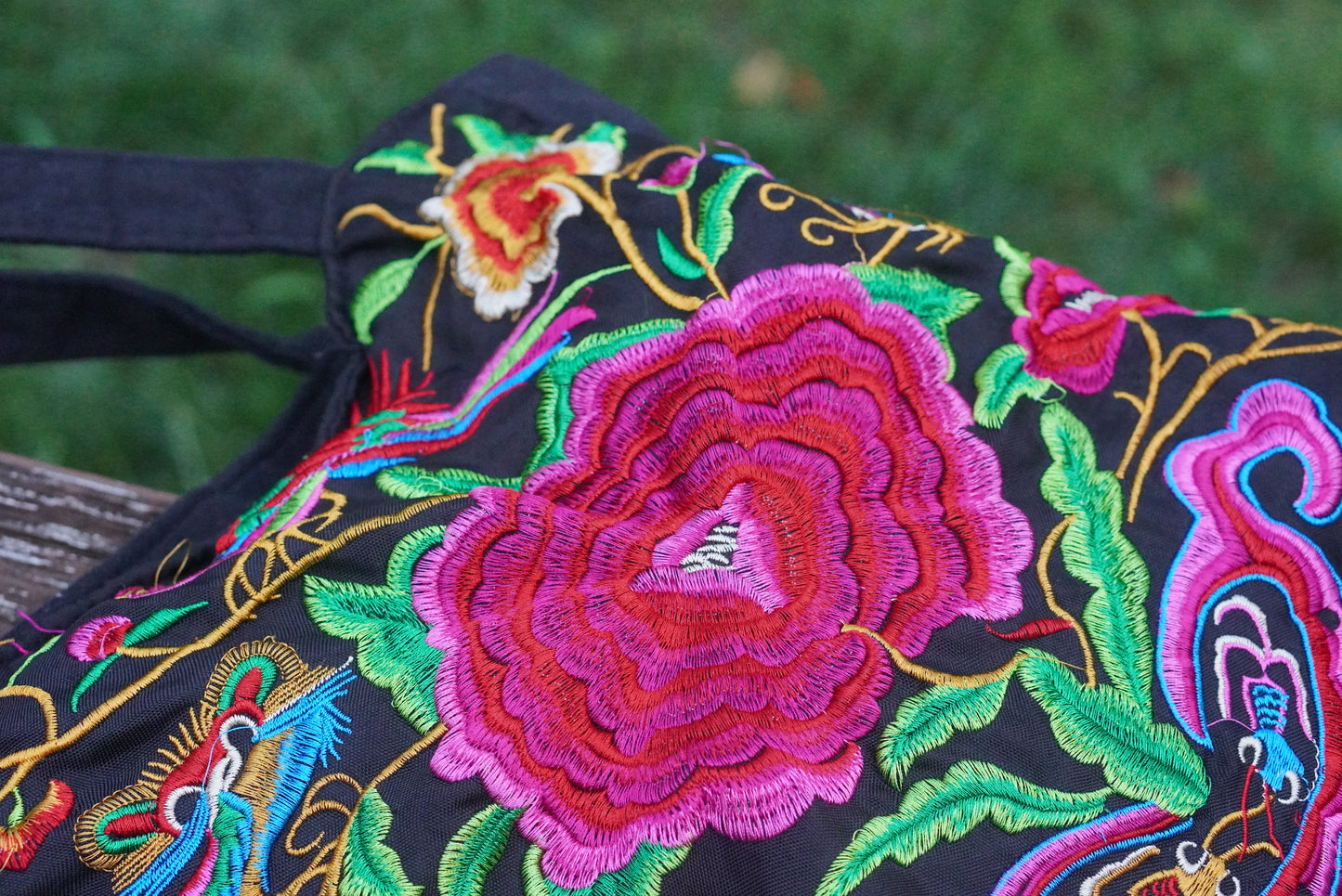 Vintage Floral Embroidered Black Canvas Tote Bag - Y2K Boho Shoulder Purse