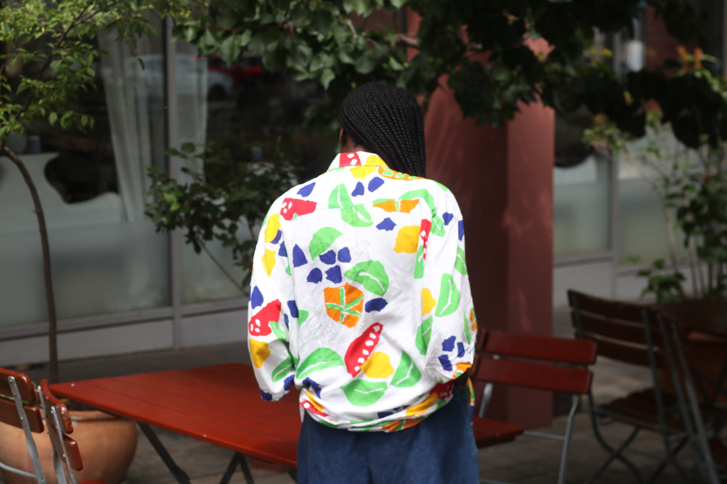 Vintage 1980s Abstract Fruit Print Button Up Shirt Oversized Pop Art Blouse L XL