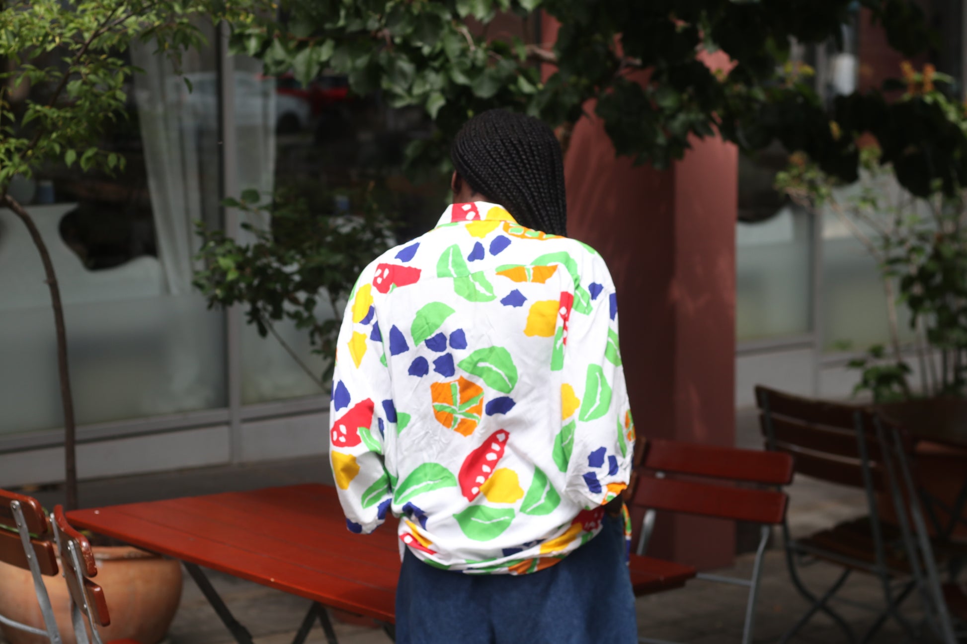 Vintage 1980s Abstract Fruit Print Button Up Shirt Oversized Pop Art Blouse L XL