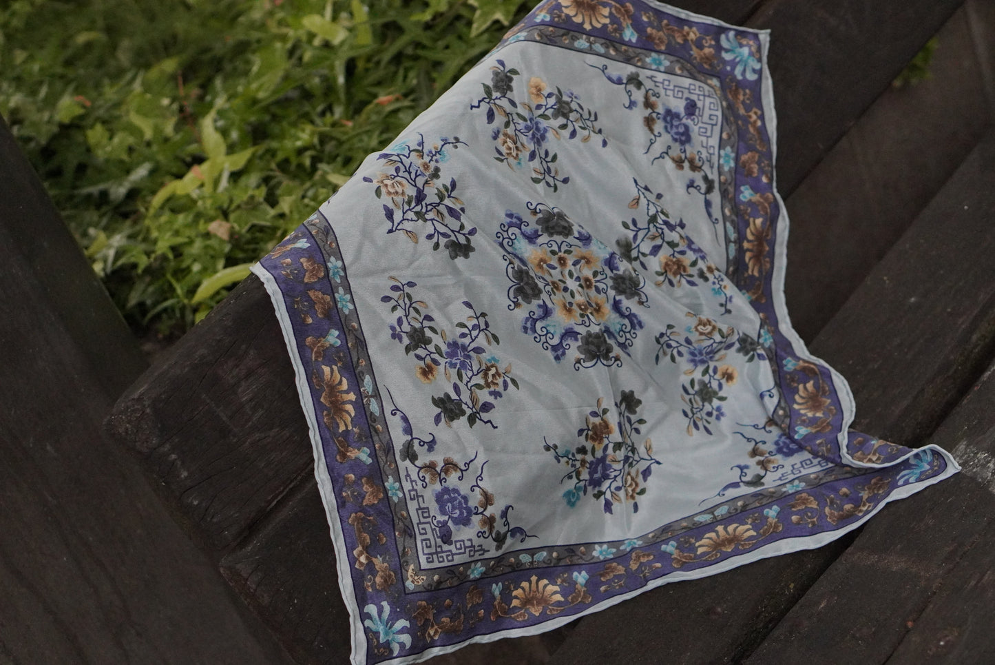 Vintage Pure Silk Scarf Blue Floral Neckerchief Italian Silk Bandana Square Head