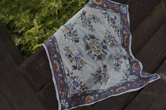 Vintage Pure Silk Scarf Blue Floral Neckerchief Italian Silk Bandana Square Head