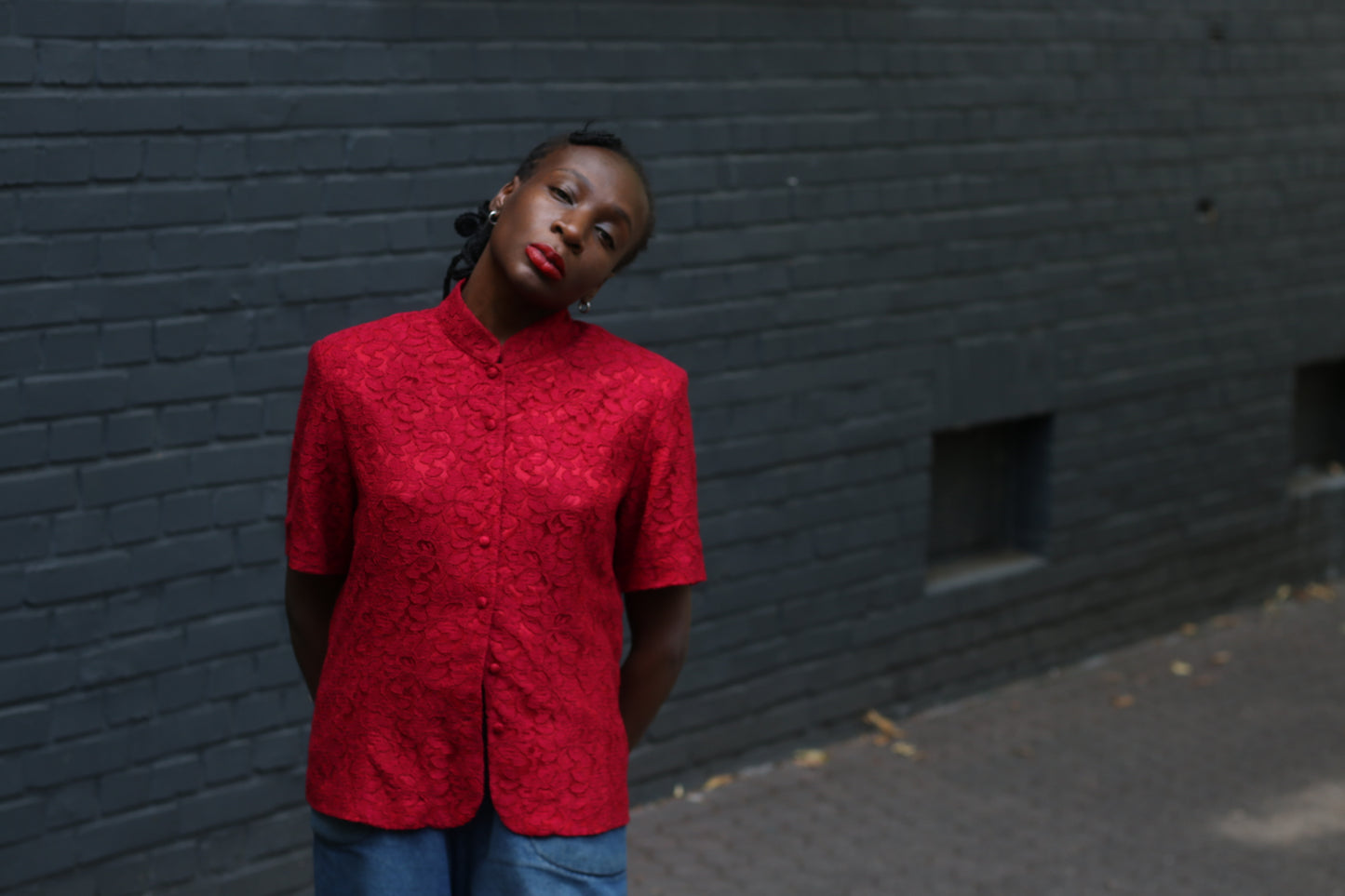 Red Lace Blouse Vintage 90s Mandarin Collar Shirt Short Sleeve | Fits S/M