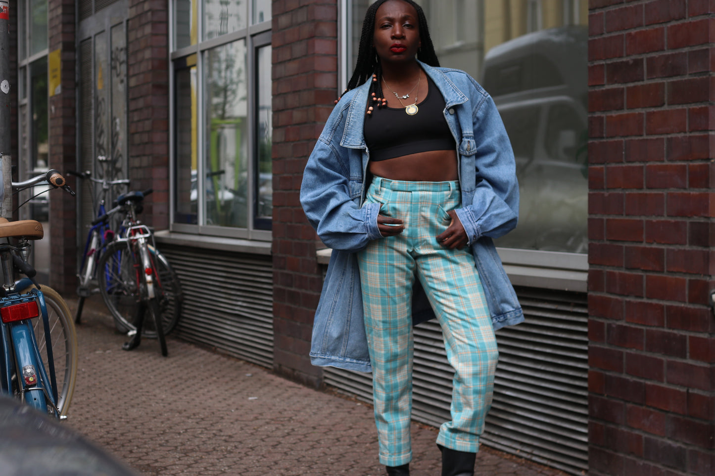 Vintage 70s Plaid Trousers | Turquoise High Waist Check Pants