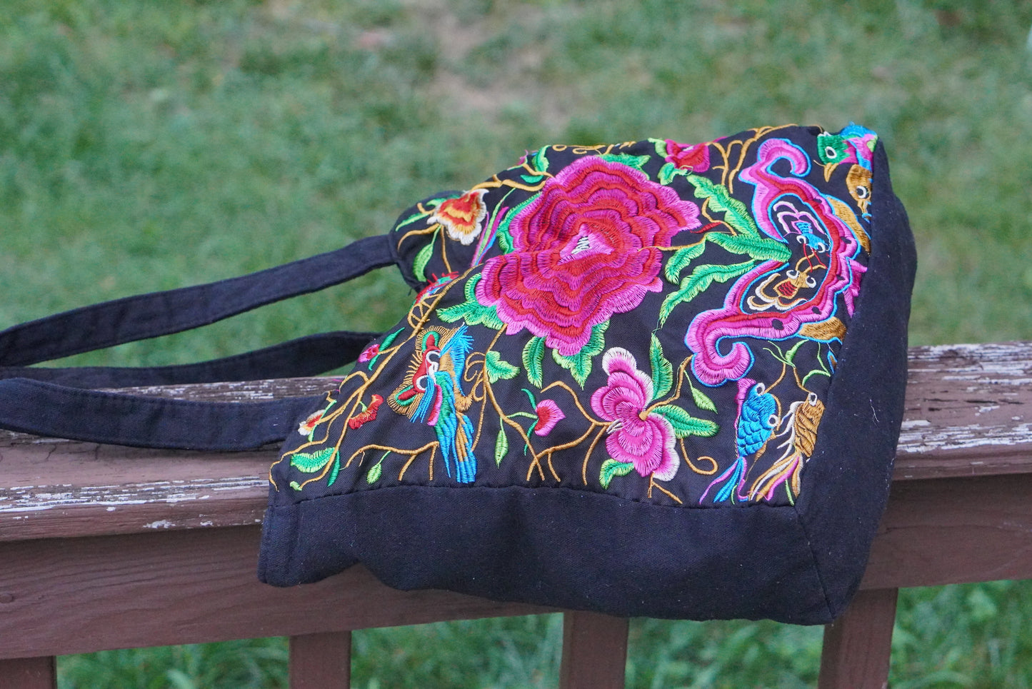 Vintage Floral Embroidered Black Canvas Tote Bag - Y2K Boho Shoulder Purse