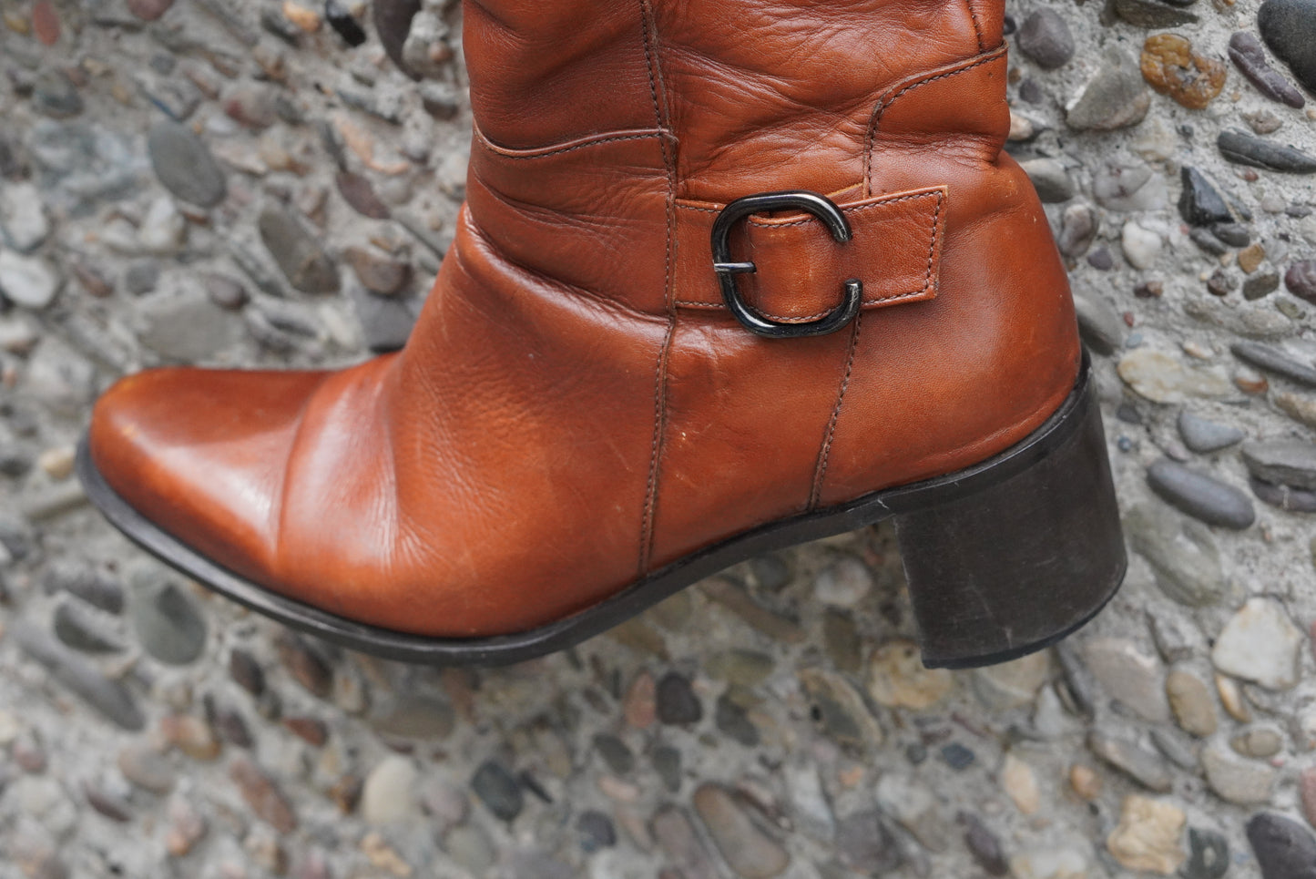 Vintage Esprit 90s Cognac Leather Knee High Boots Block Heel Almond Toe Size 38