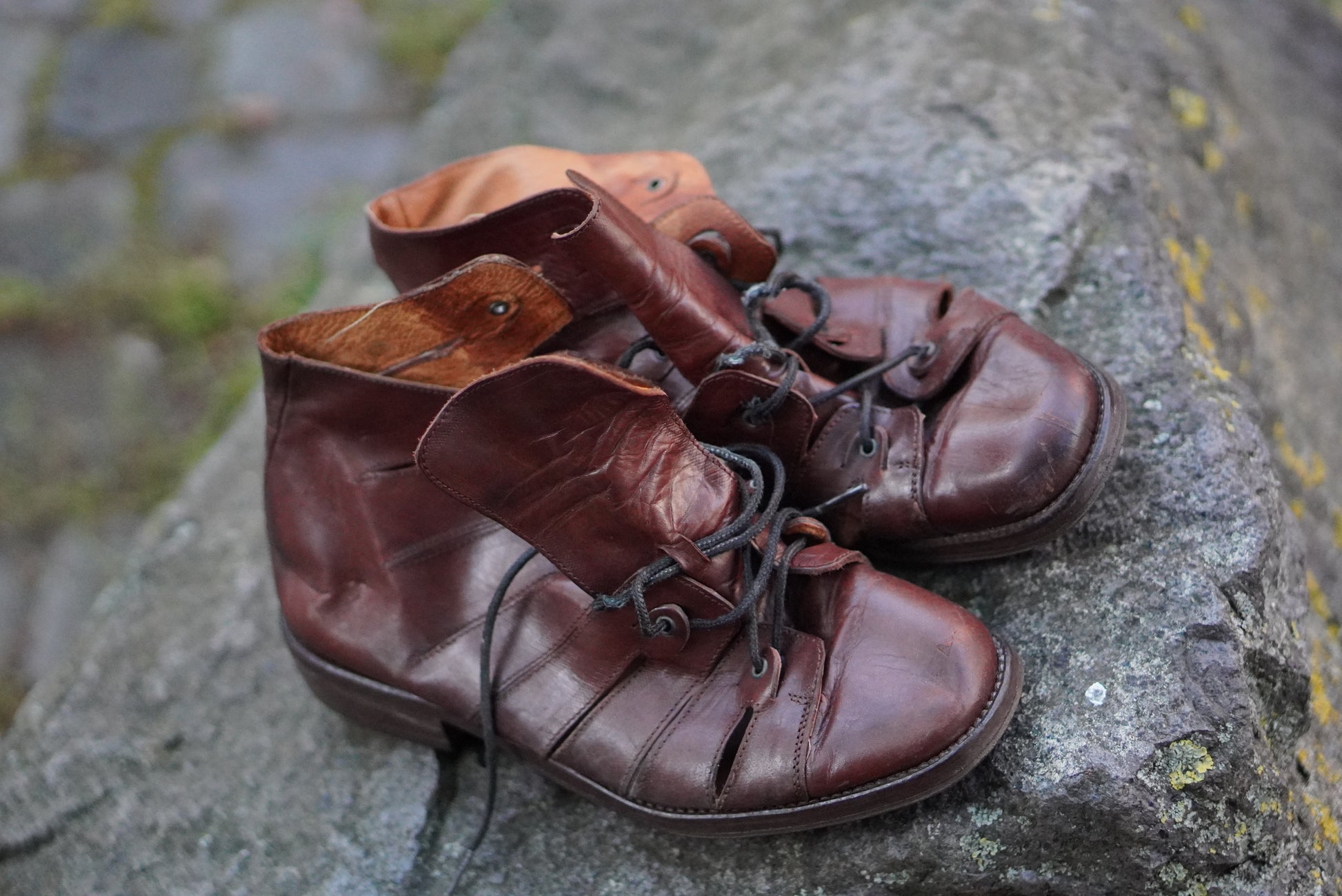 Ralph Harrison Vintage 90s Brown Leather Gladiator Sandals Lace Up Booties Shoes