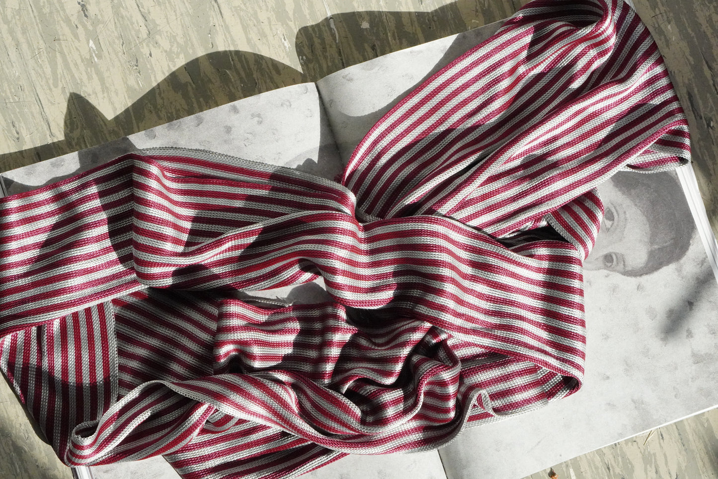 Vintage Burgundy Silver Striped Scarf Fringe Woven Retro Unisex Wrap Shawl