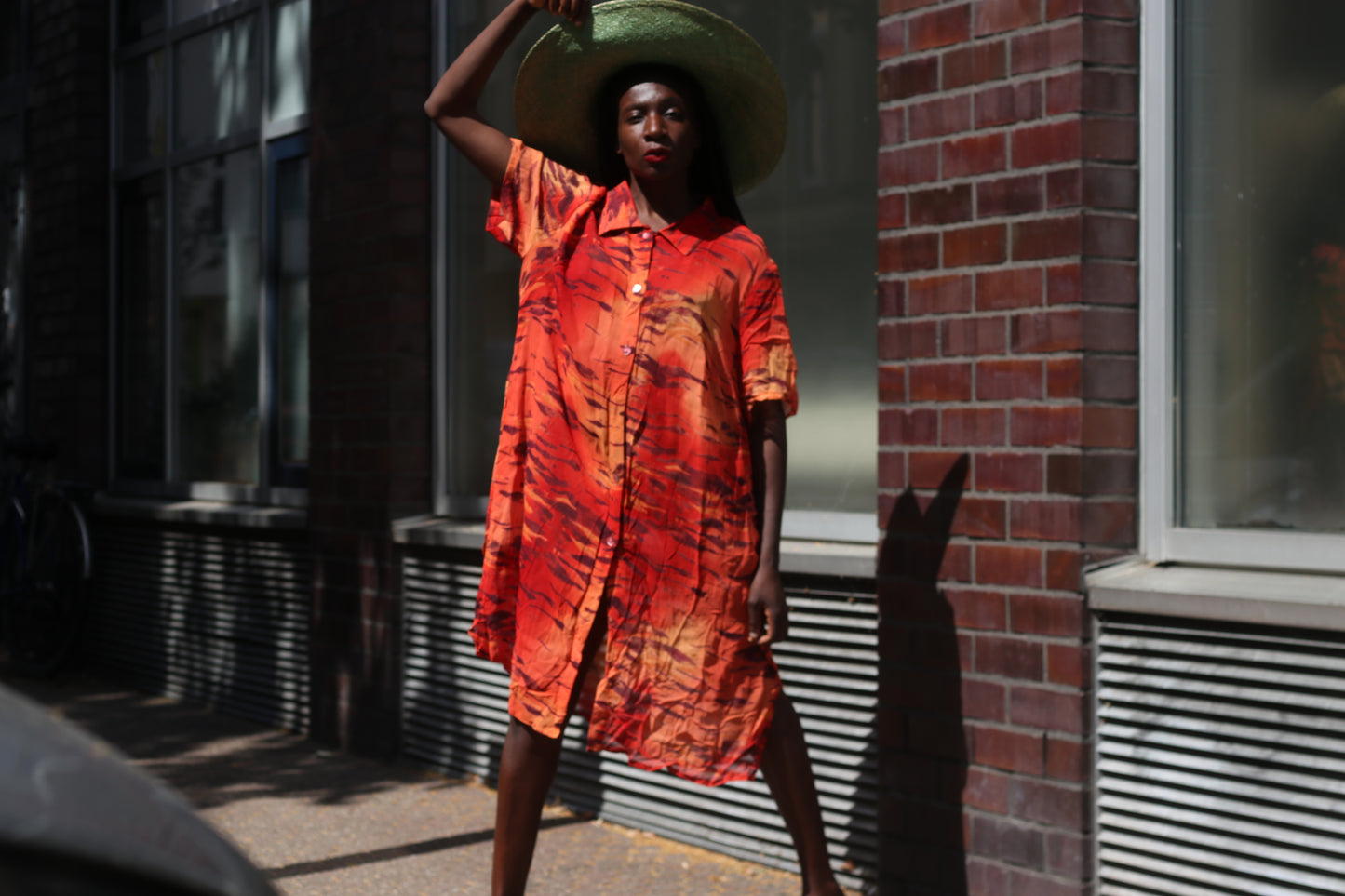 Vintage 90s Abstract Print Viscose Shirt Dress in Orange & Red