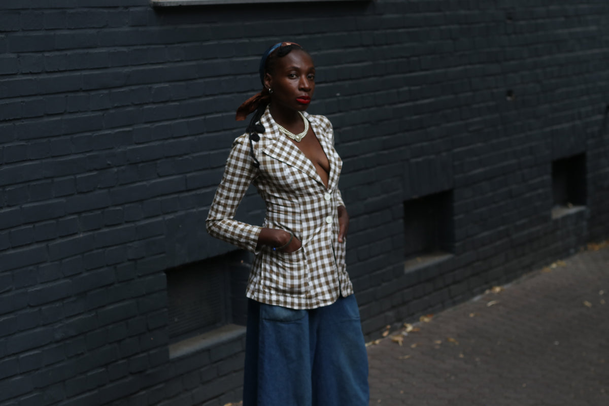 Gingham Blazer Jacket | Vintage French Brown White | Fits XS S