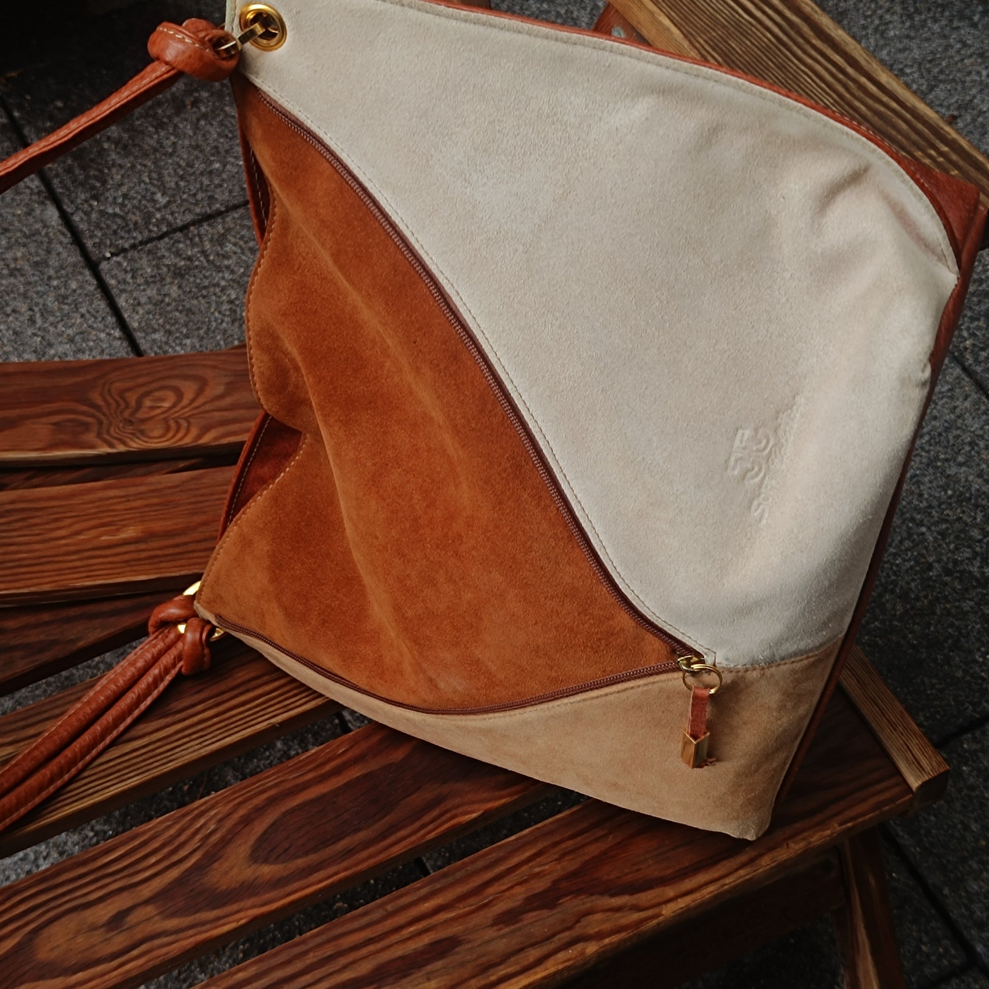 Suede Shoulder Bag - Vintage 80s Patchwork Tote - Brown Cream | Medium
