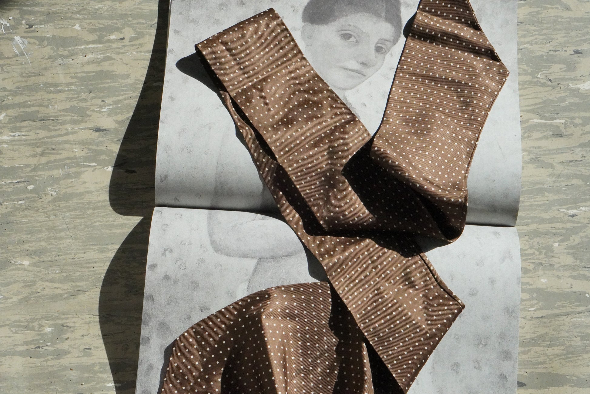 Vintage Brown Polka Dot Silk Scarf Neck Tie Ribbon Pussy Bow Hair Band Headband