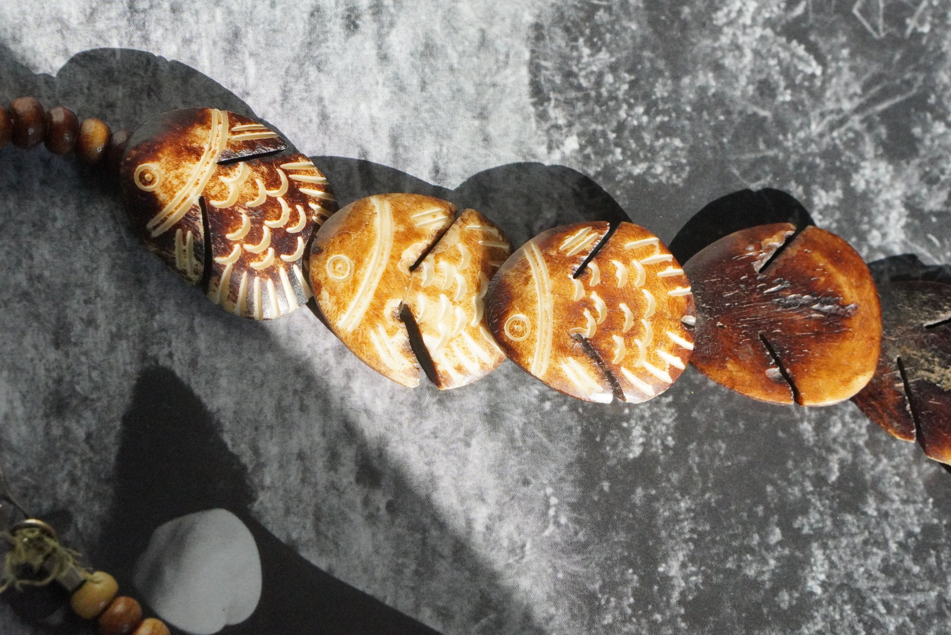 Vintage Carved Fish Necklace | Boho Brown Coconut Shell Tiki Jewelry