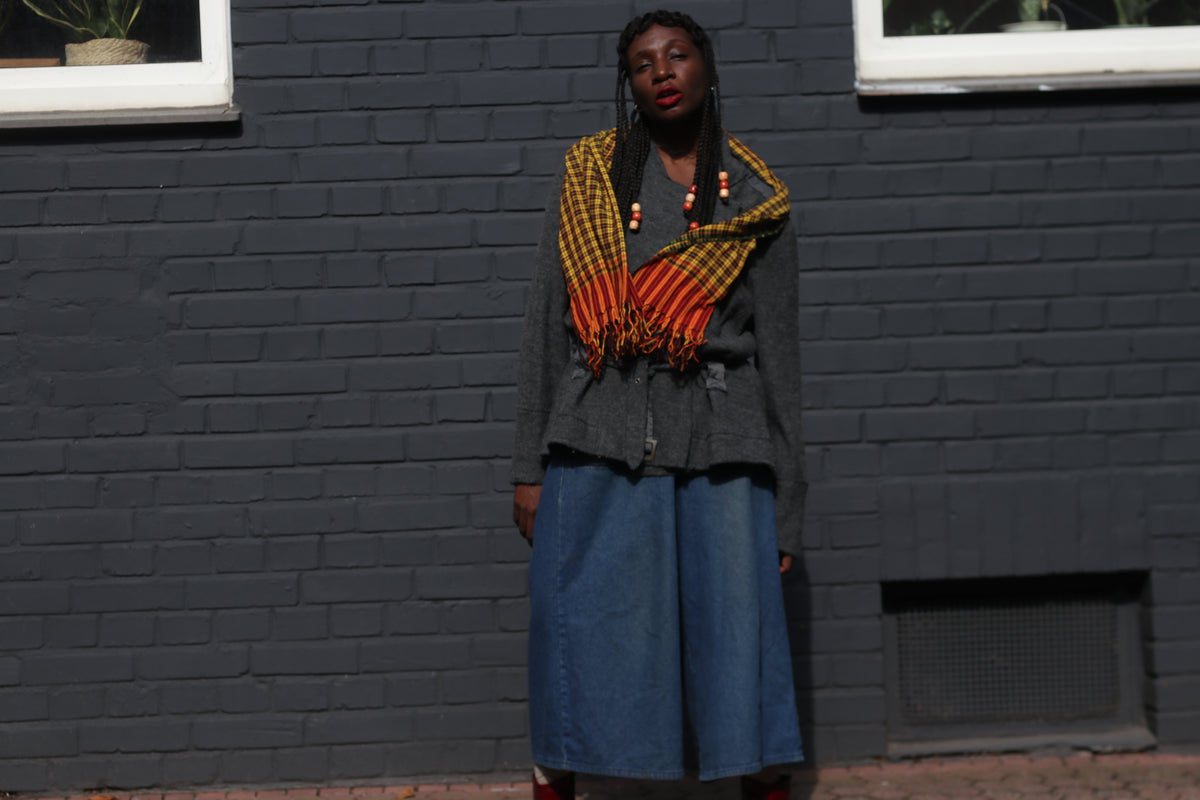 Vintage Plaid Scarf | 90s Yellow Fringe Wrap | Retro Unisex Stole