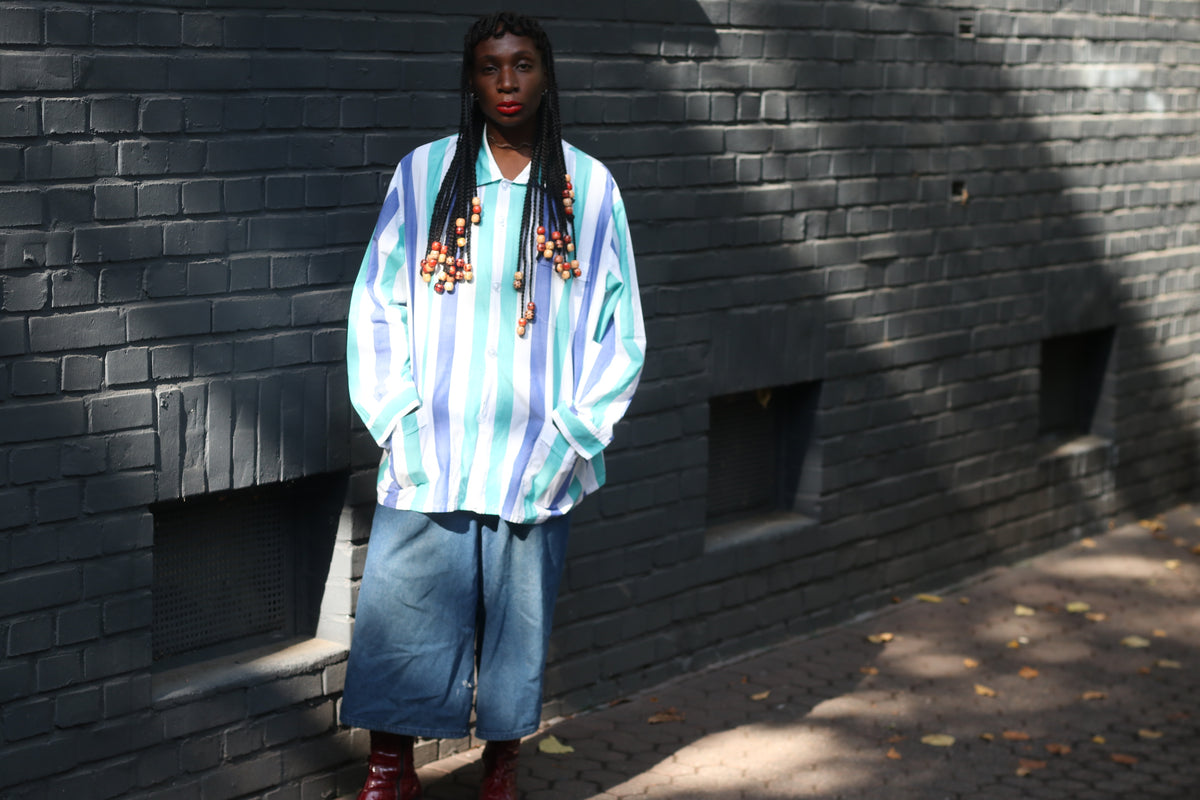 Striped Cotton Shirt Jacket - 80s Vintage Oversized Overshirt | L