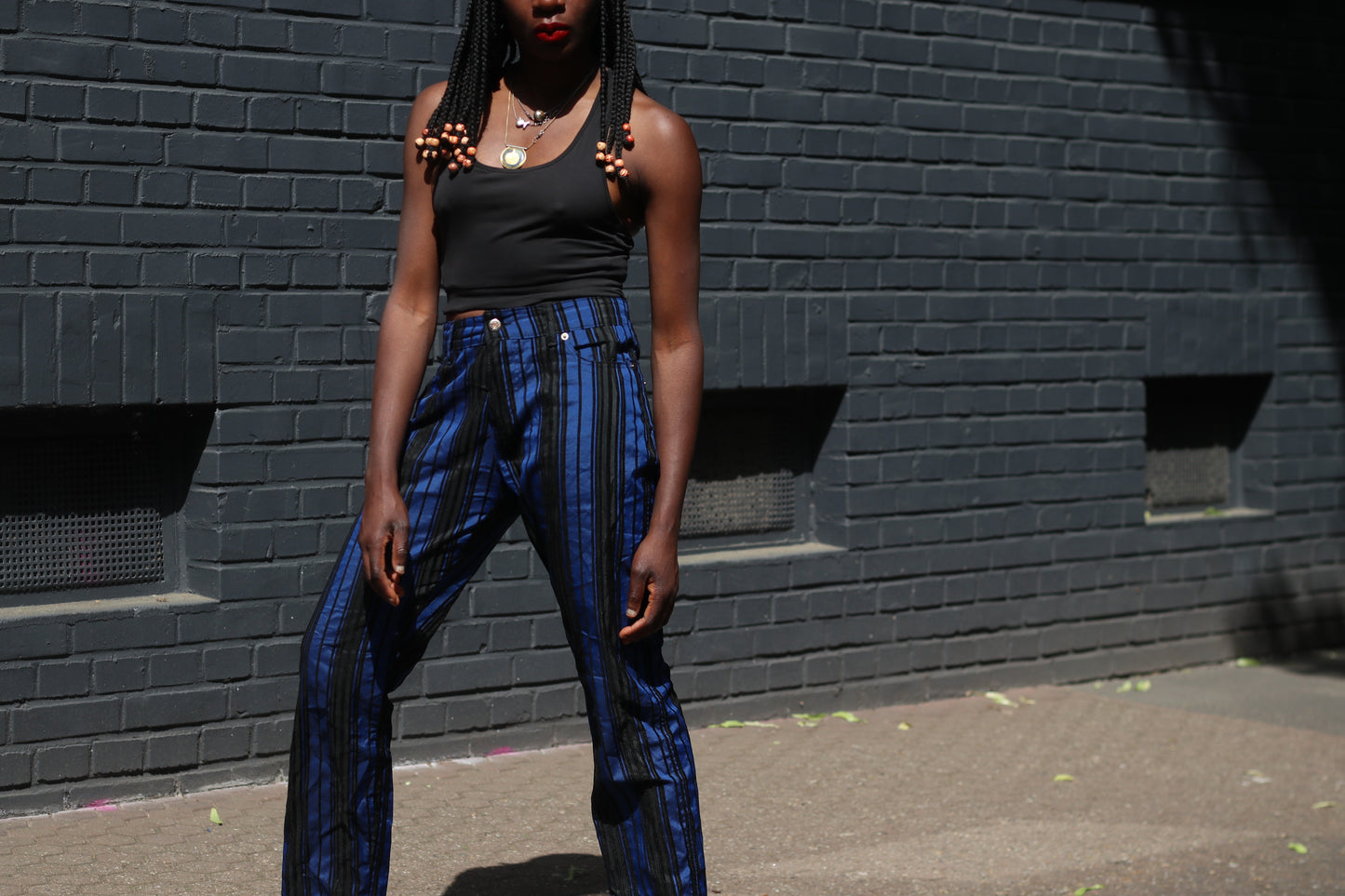 Vintage 80s Blue Striped Pants High Waisted Straight Leg Trousers Size M