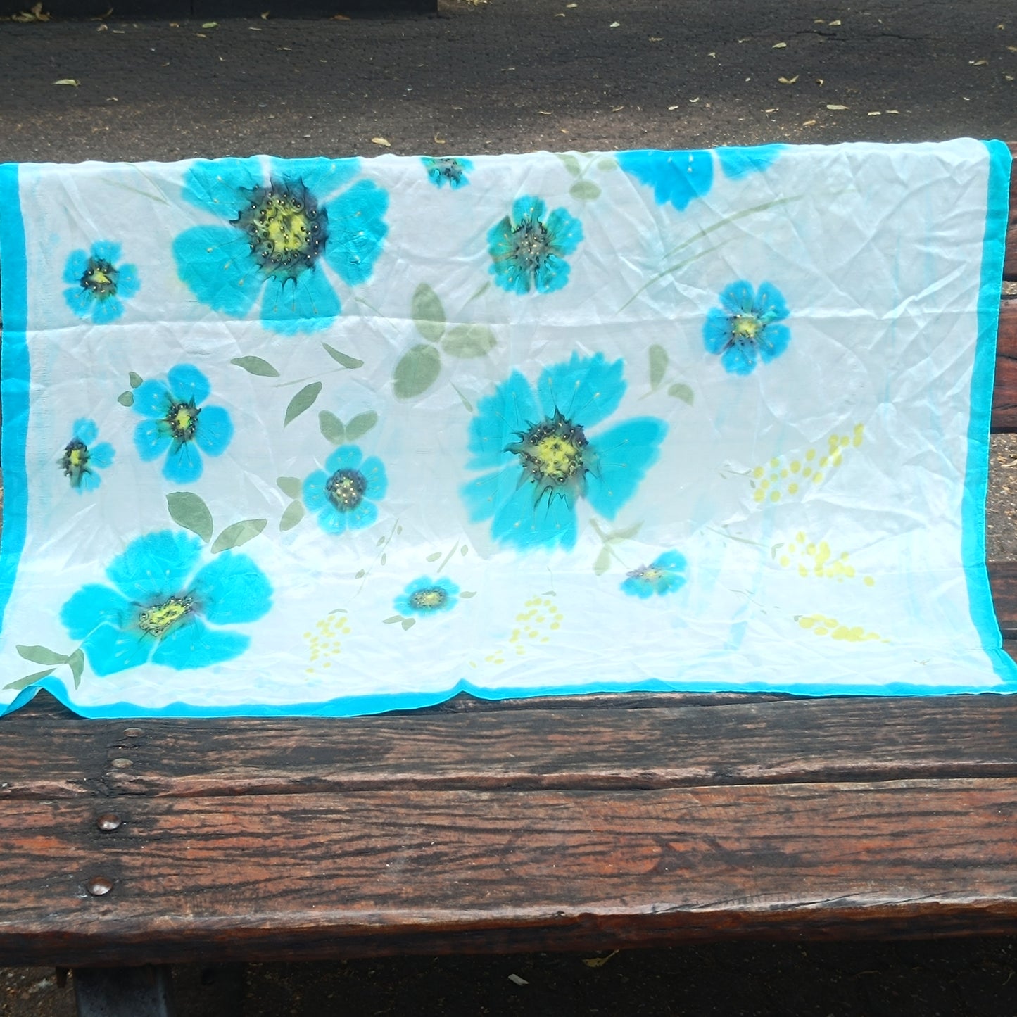 Vintage Hand Painted Silk Scarf - 90s Turquoise Floral Shawl
