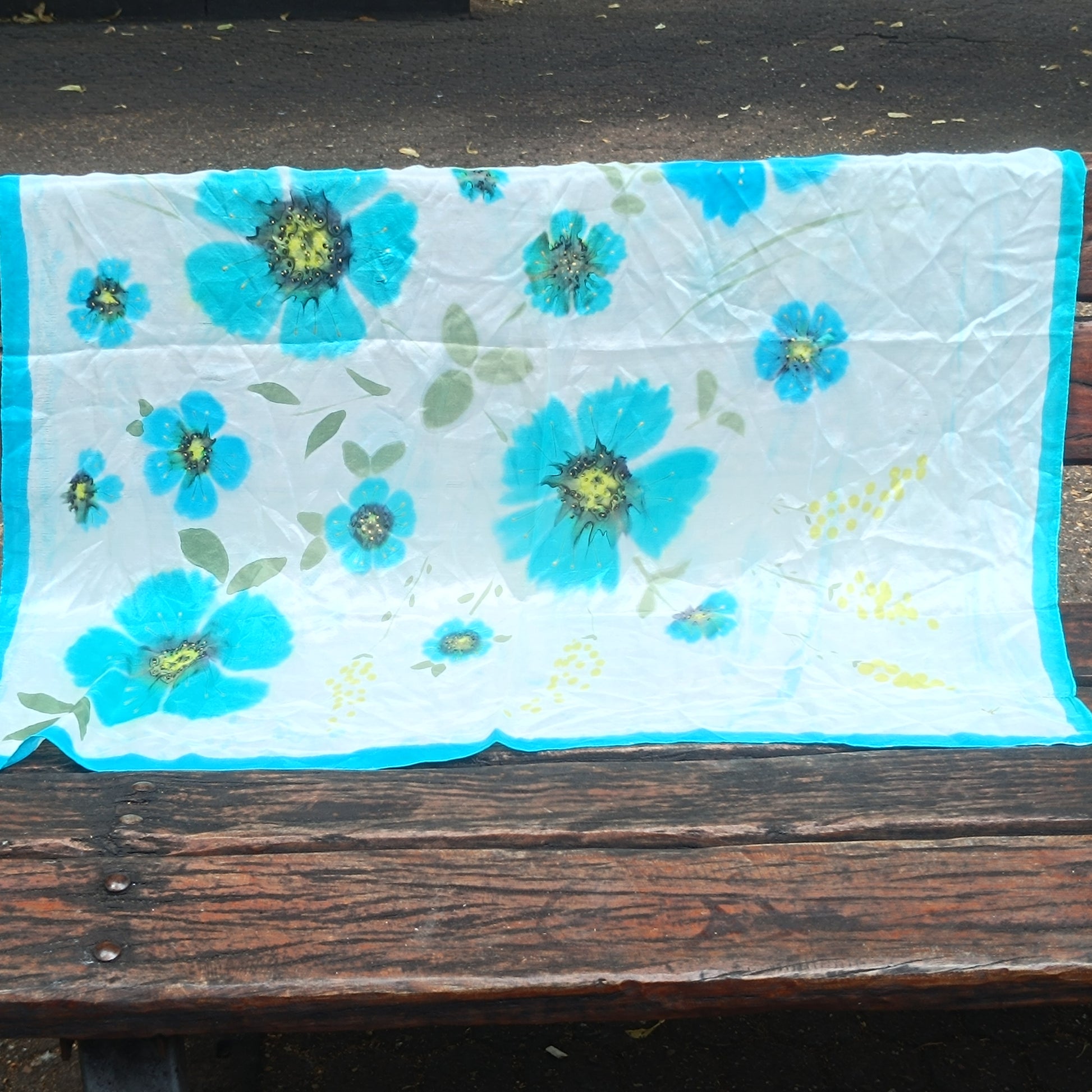 Vintage Hand Painted Silk Scarf - 90s Turquoise Floral Shawl