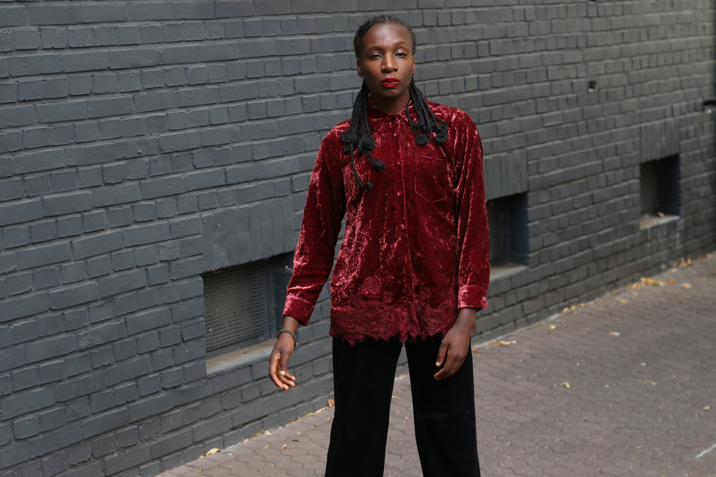  Vintage Gothic Red Velvet Top  | 90s Lace Hem Button Up S