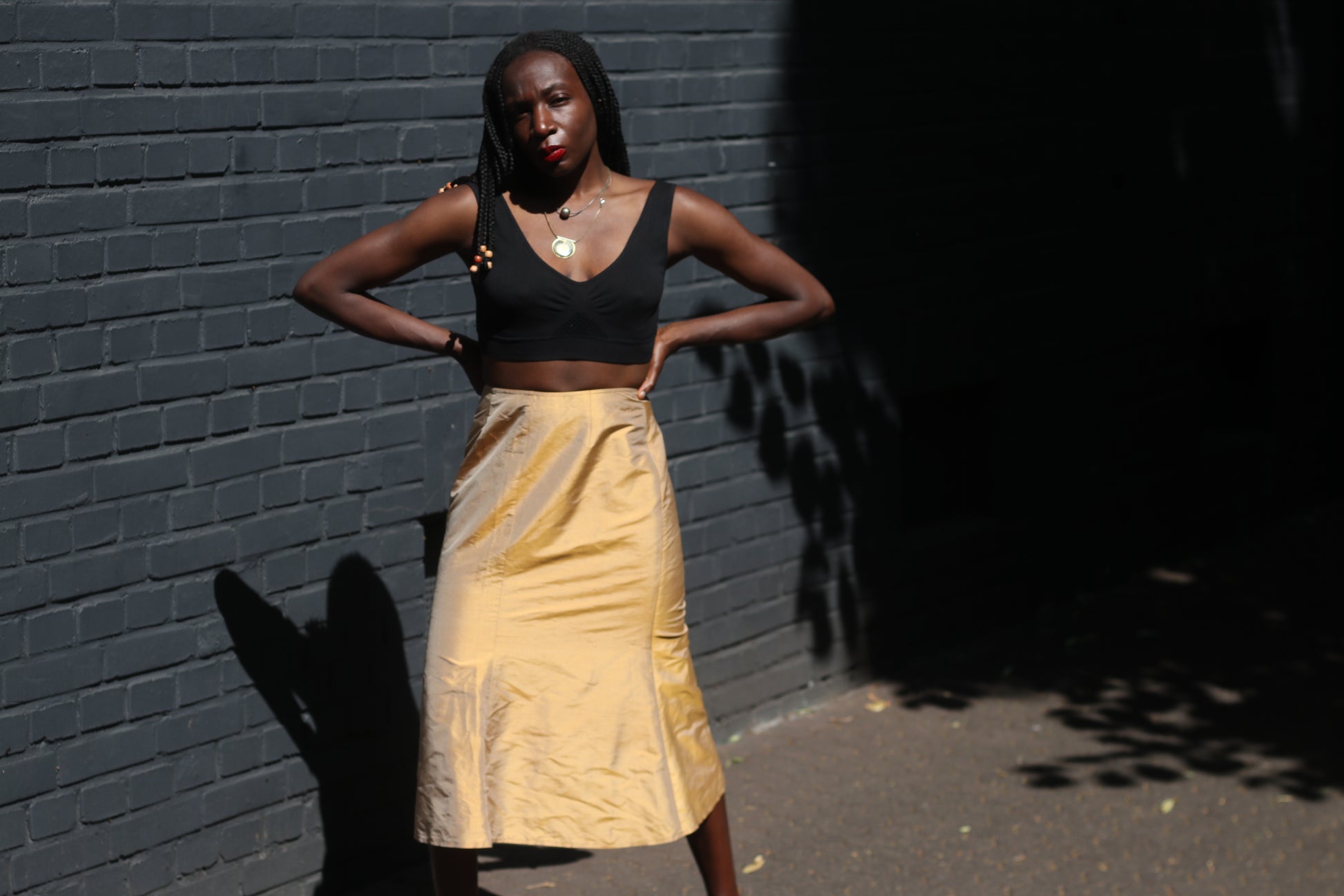 By Marja Vintage 90s Gold Silk Midi Skirt S Minimalist Metallic Shimmer Flare