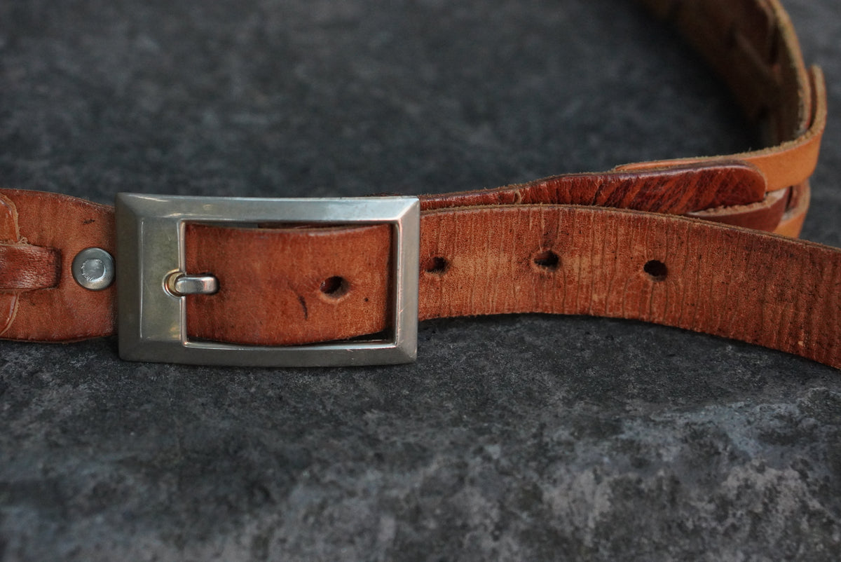 Woven Leather Belt | Vintage 70s Tan Brown | Silver Buckle S/M