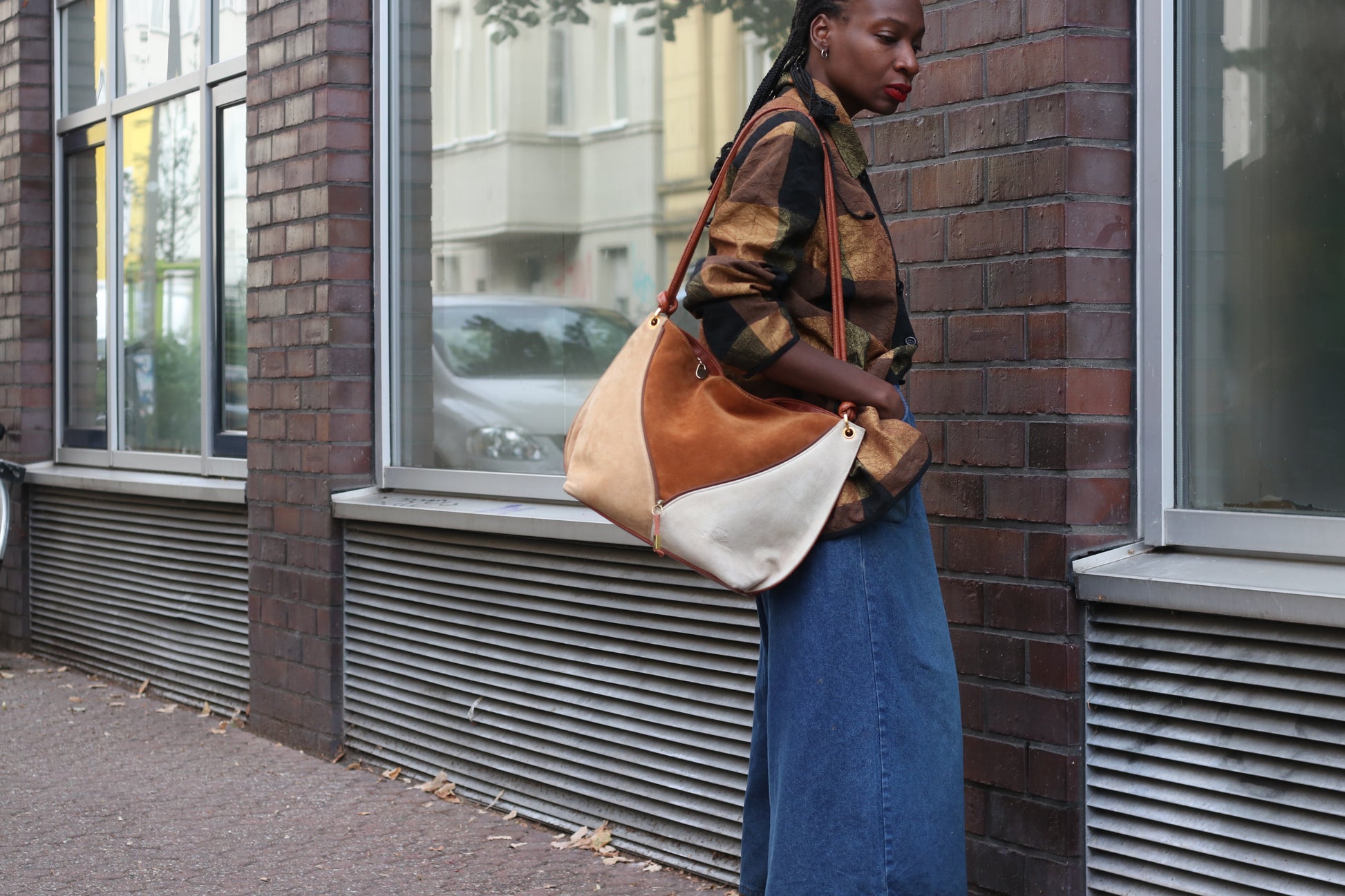 Suede Shoulder Bag - Vintage 80s Patchwork Tote - Brown Cream | Medium