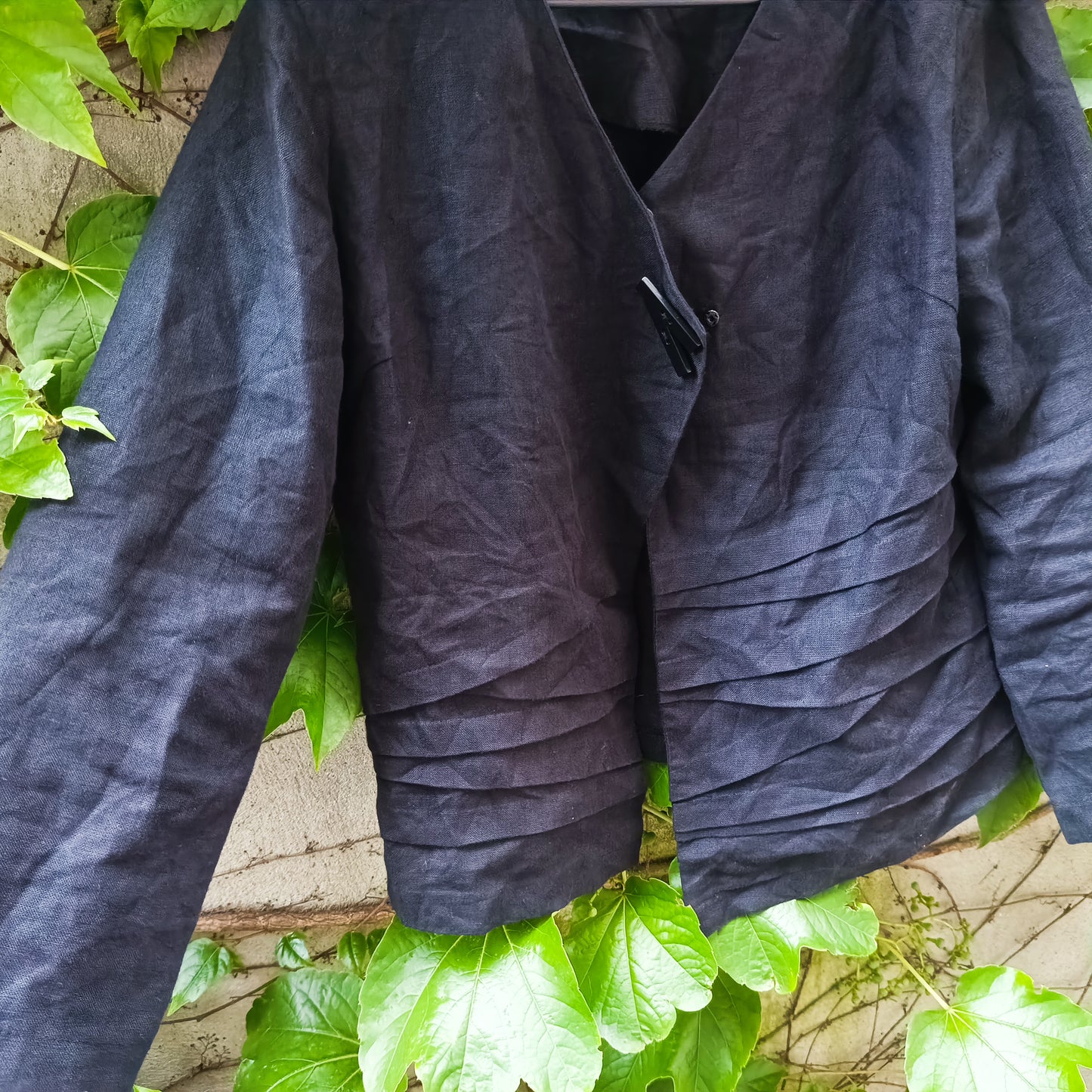 Linen Jacket 90s Minimalist Black Pleated Blazer Fits S EU 36