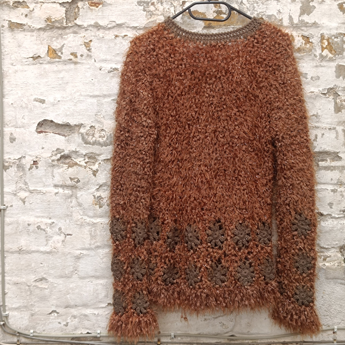 Vintage Brown Fuzzy Knit Cardigan | Y2K Crochet Trim Zipper Sweater XL