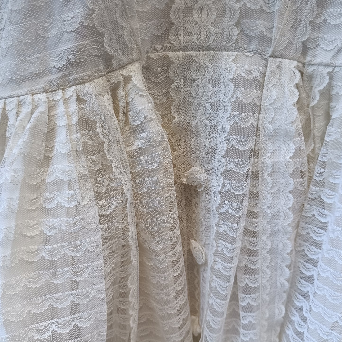 Vintage 70s White Lace Maxi Dress, Small, High Collar, Tiered Scallop Lace
