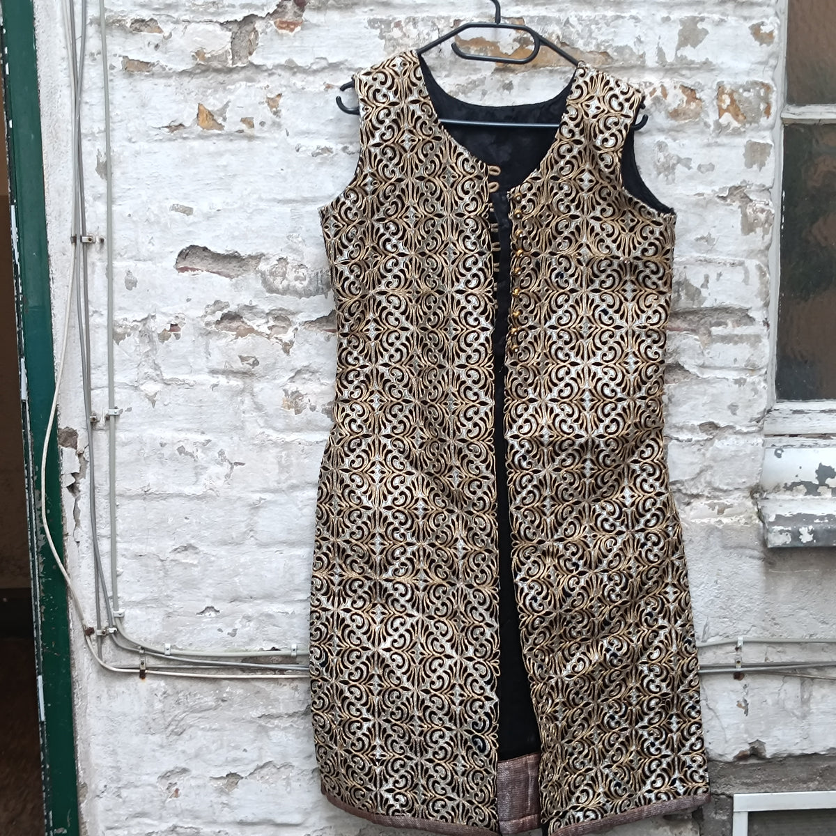 Vintage Gold Embroidery Vest Coat - 90s Metallic Brocade Long Waistcoat | M