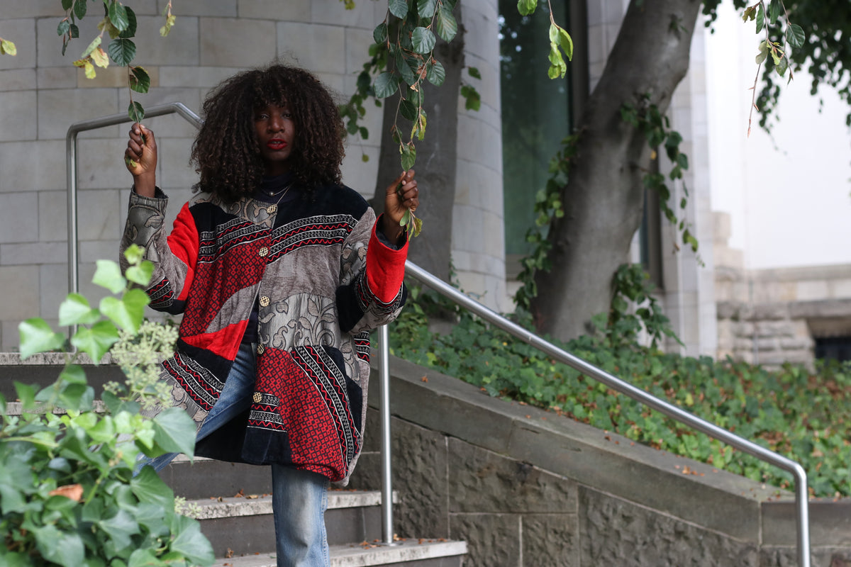 Vintage Patchwork Jacket - Y2K Boho Tapestry Coat Red Black | XXL