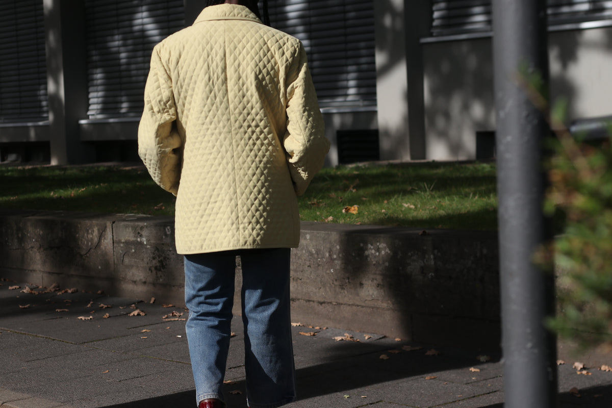 Vintage 1980s Light Yellow Diamond Quilted Jacket, Size M/L