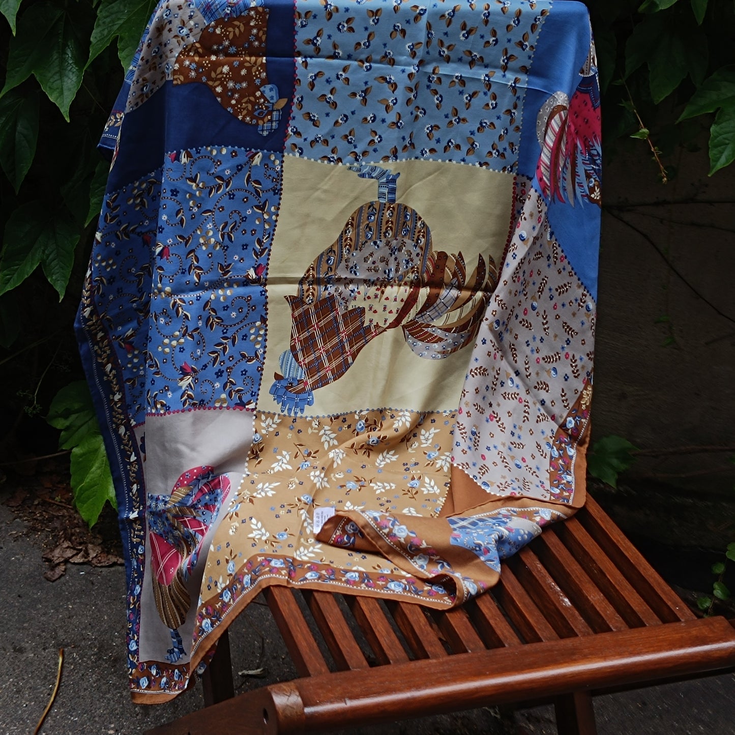 Vintage Christian Fischbacher Silk Scarf Handprinted Rooster Folk Art Shawl
