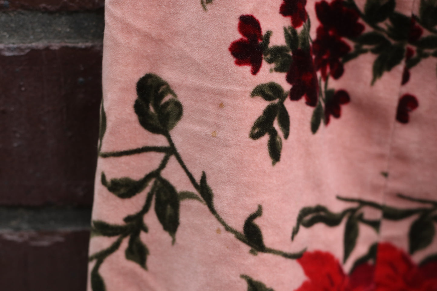 Vintage 90s Velvet Skirt Floral Midi Pink Cotton A-Line Rose Print Italy S