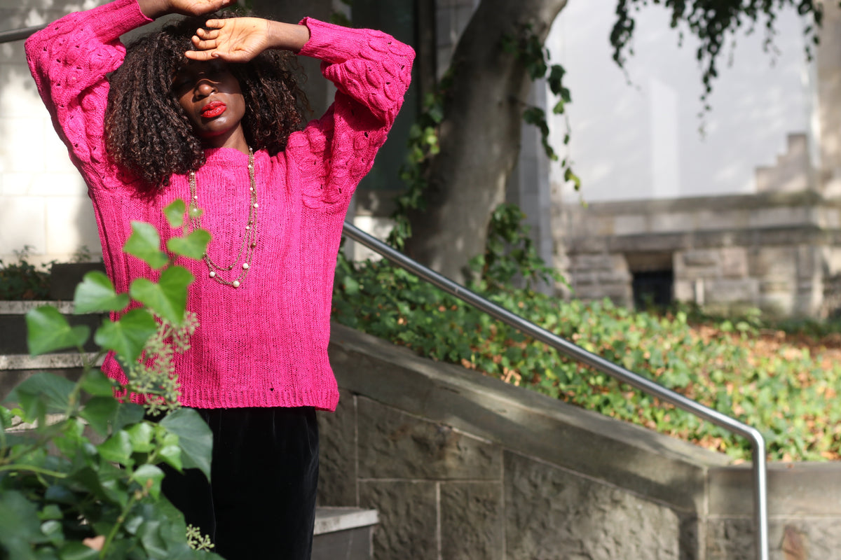 Vintage Magenta Knit Jumper - 1980s Fuchsia Knitwear Sweater | S/M