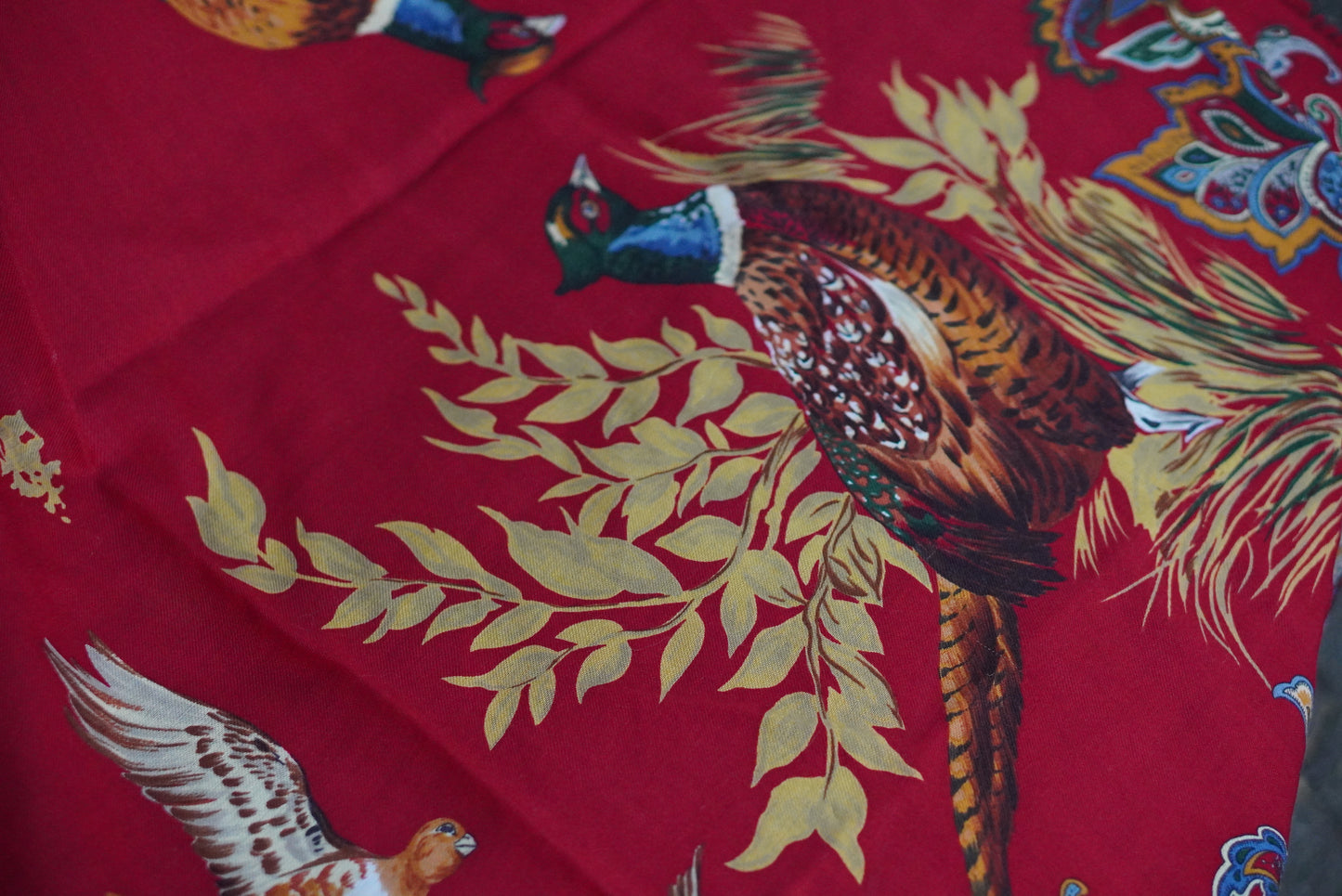 Vintage Red Wool Scarf Paisley Pheasant Shawl 1980s Folk Fringe Wrap Square Large