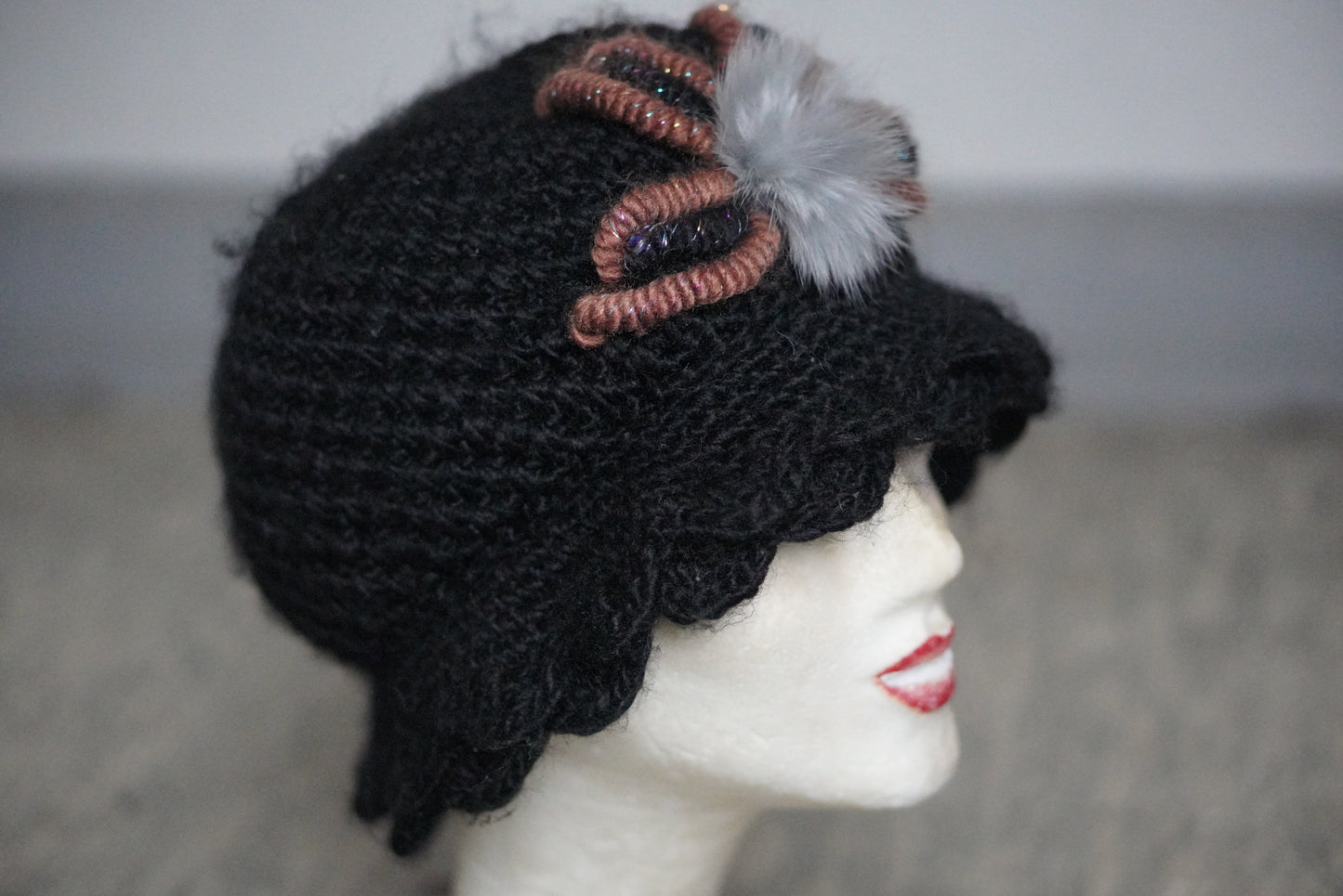 Cloche Hat 1920s Style Black Knit - Floral Fuzzy Accent Winter Hat