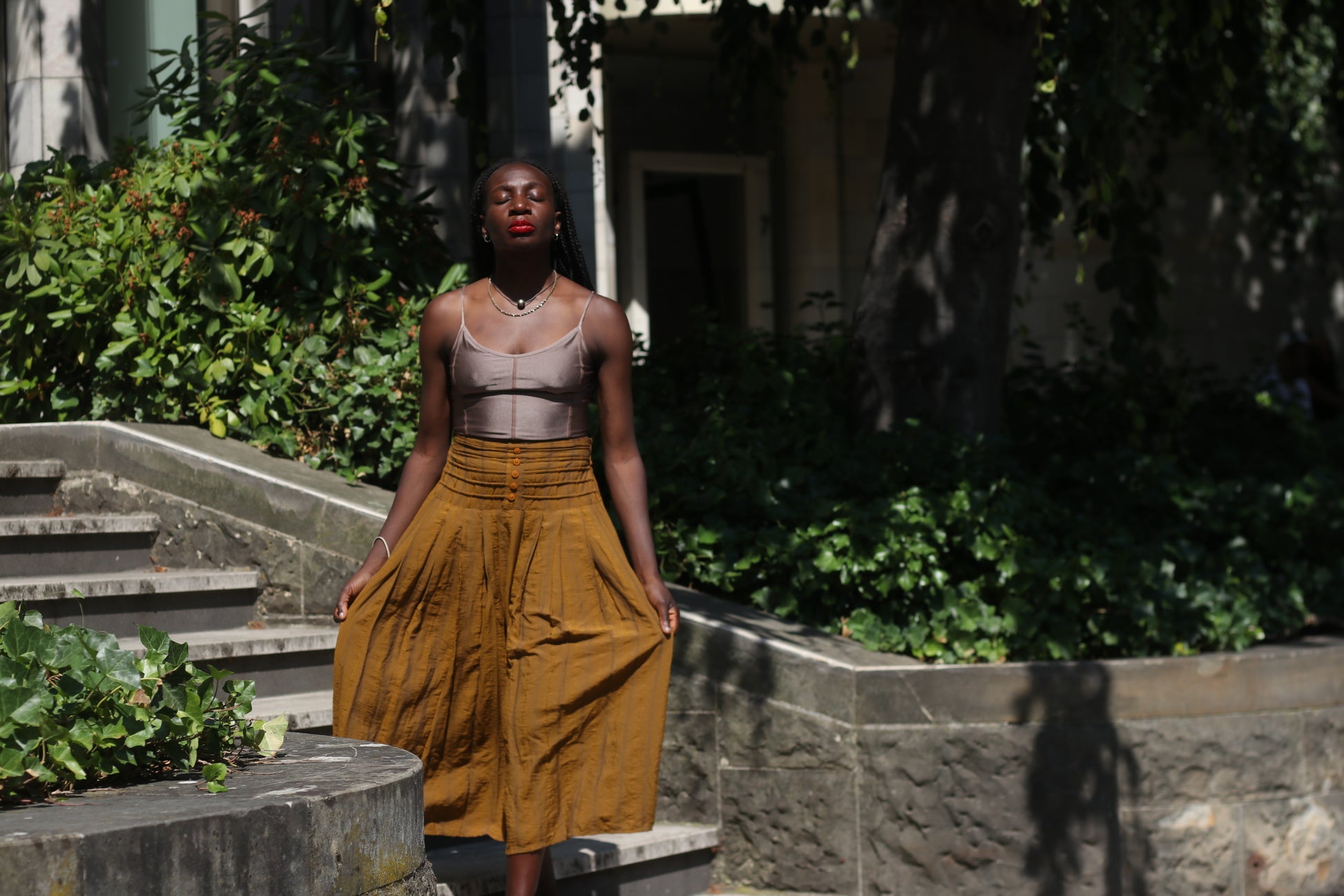 Vintage 70s Mustard Gold Maxi Skirt - Striped Boho Pleated Long Skirt